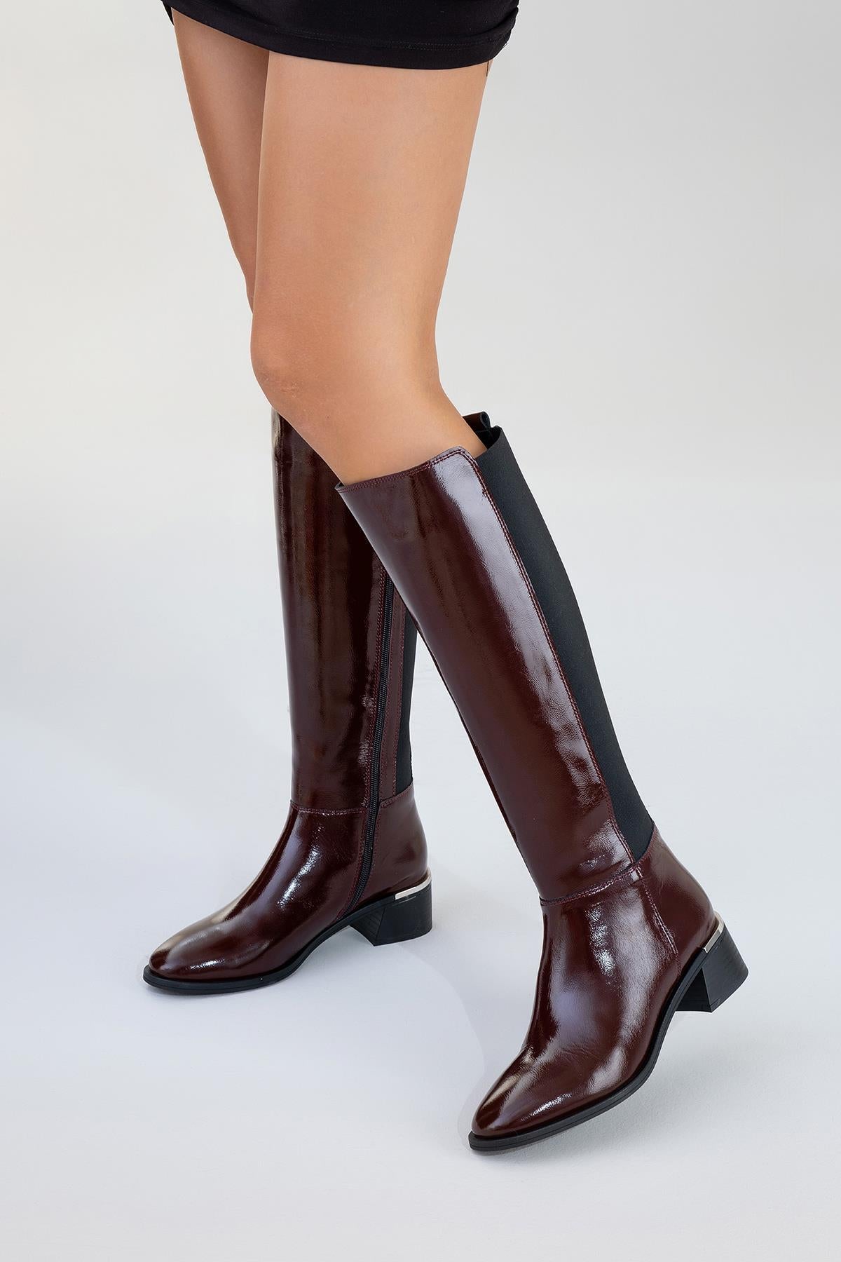 Rochos - Burgundy Patent Genuine Leather Block Heel Knee-High Boot (Women)