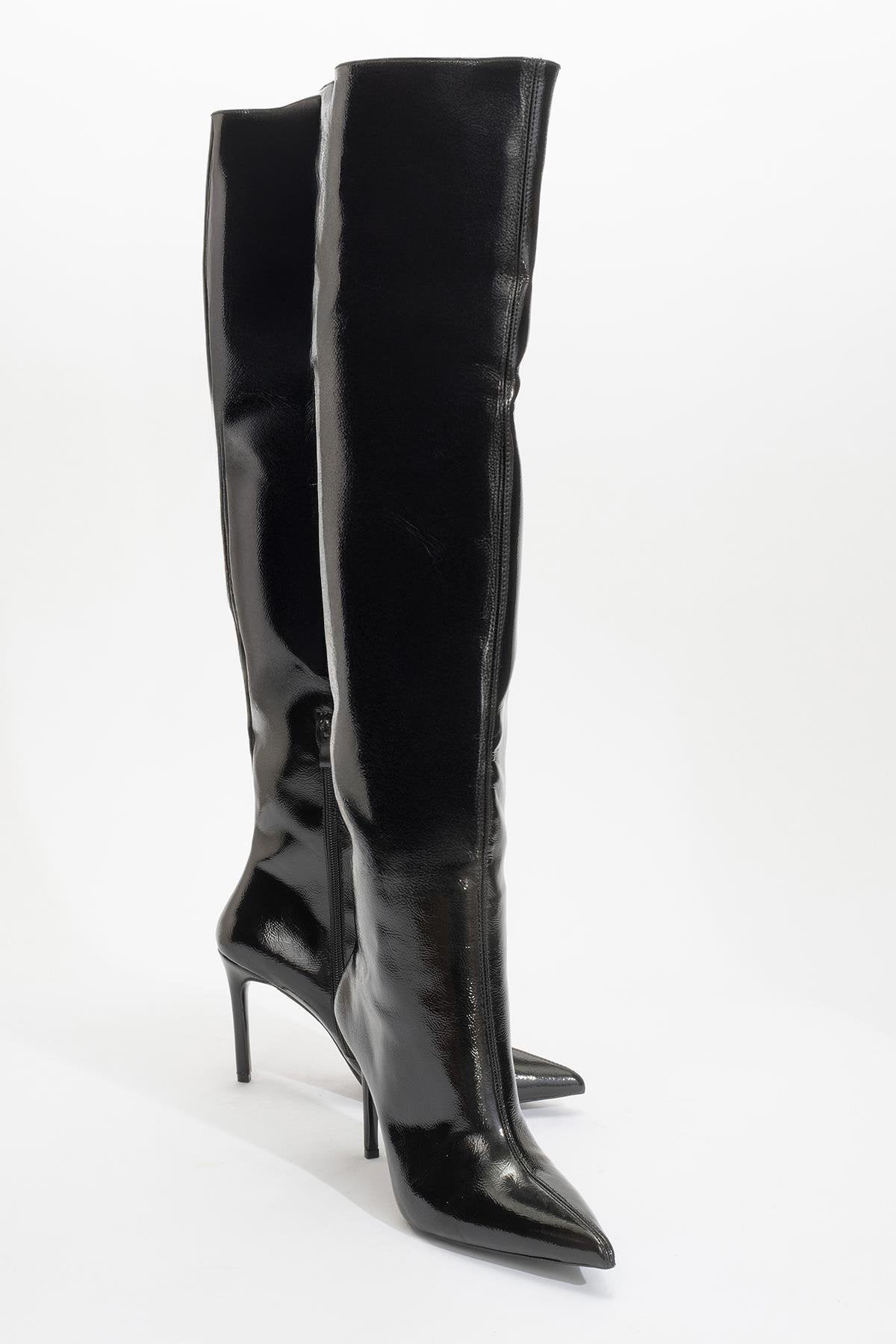 Cleja - Black Patent Slim Heel Over-The-Knee Boot (Women)