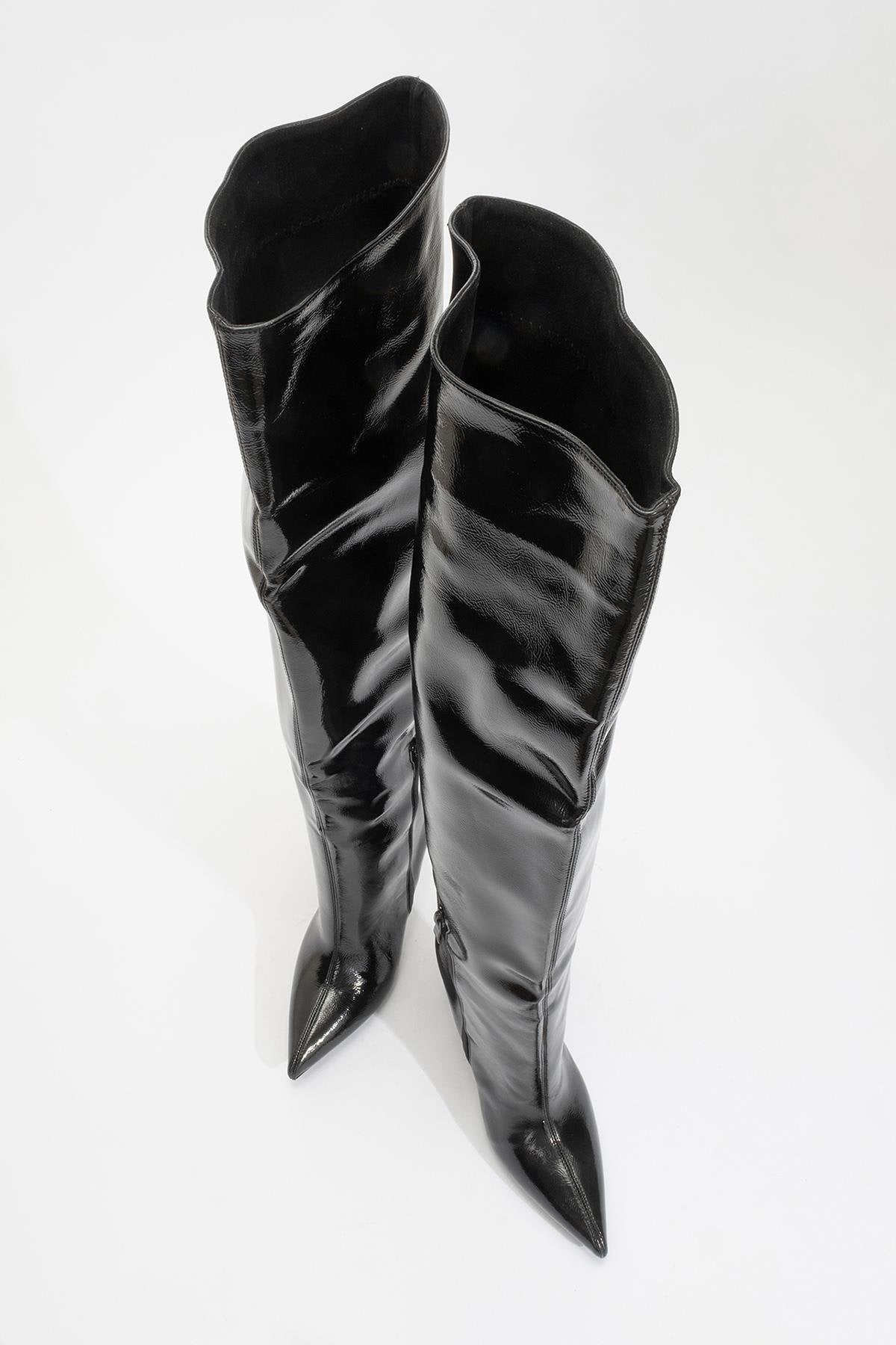 Cleja - Black Patent Slim Heel Over-The-Knee Boot (Women)