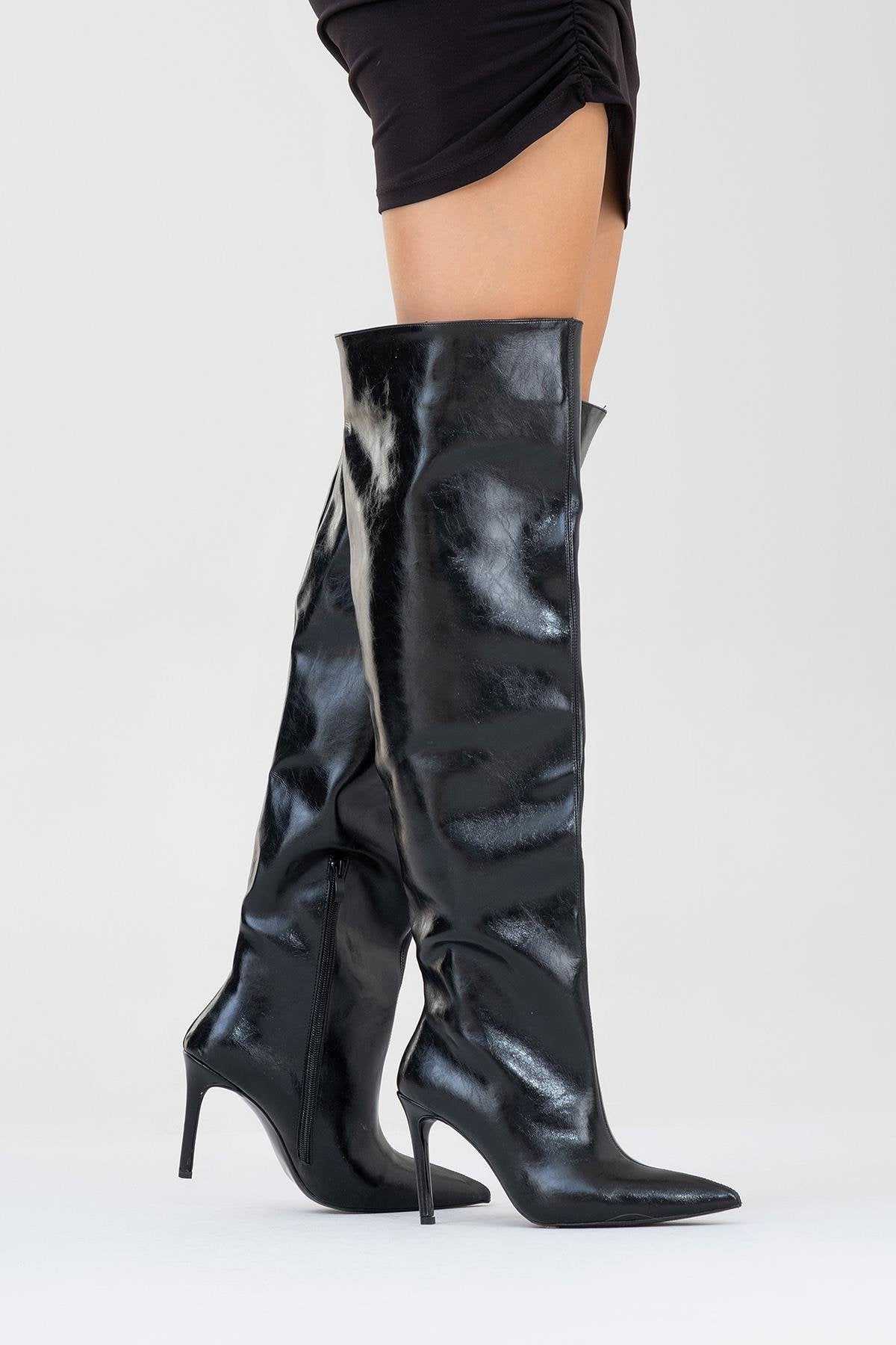 Cleja - Black Slim Heel Over-The-Knee Boot (Women)