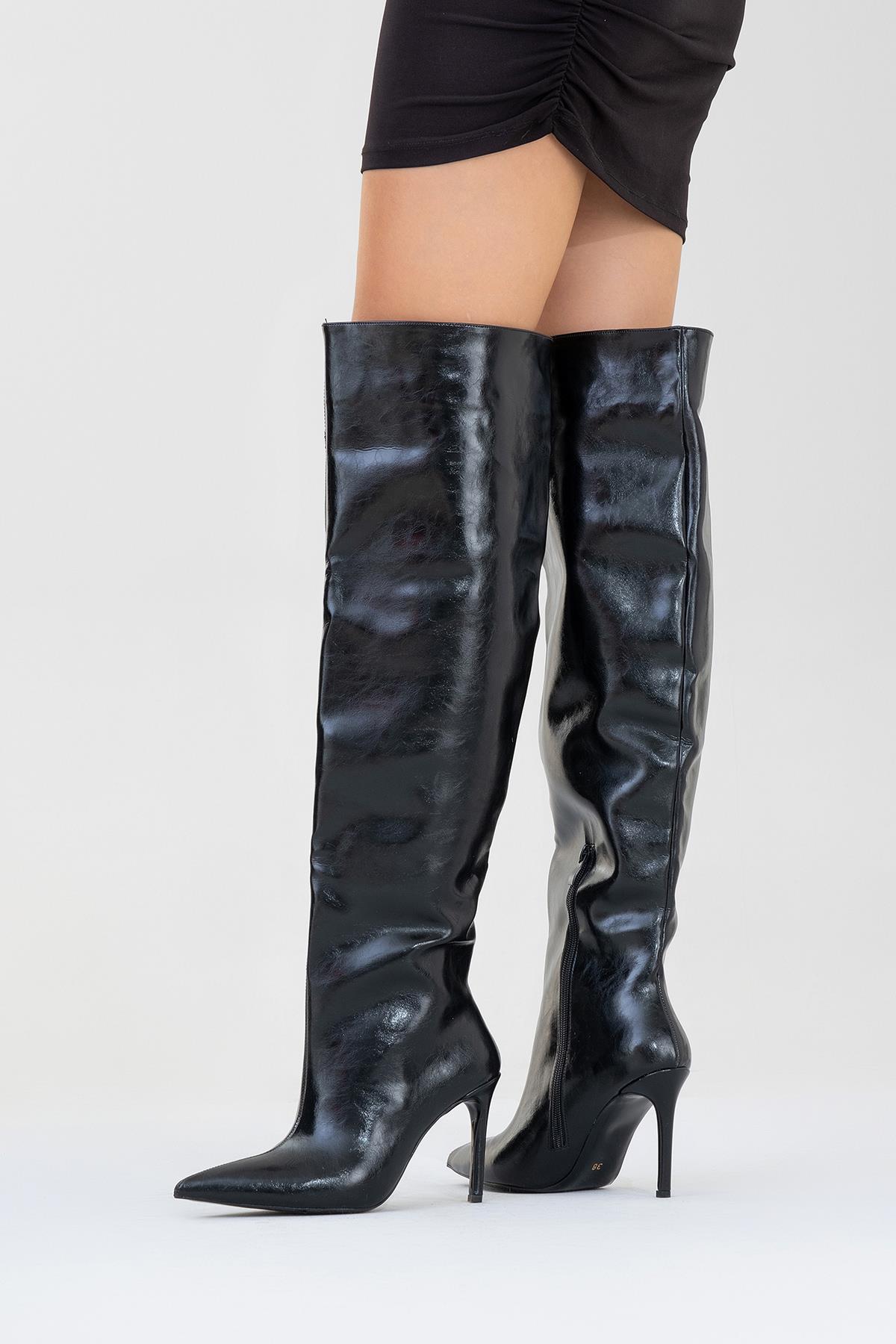 Cleja - Black Slim Heel Over-The-Knee Boot (Women)