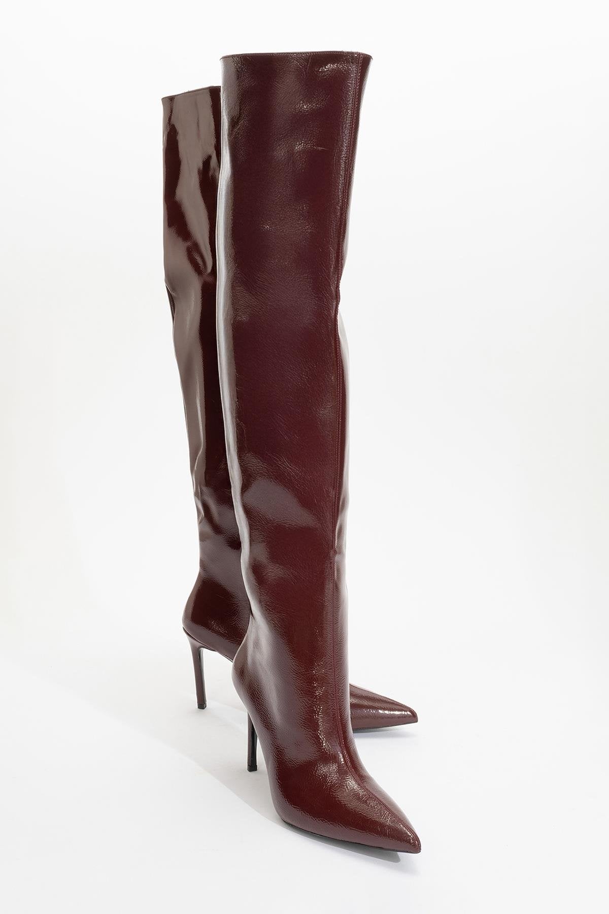 Cleja - Burgundy Patent Stiletto Heel Over-The-Knee Boot (Women)