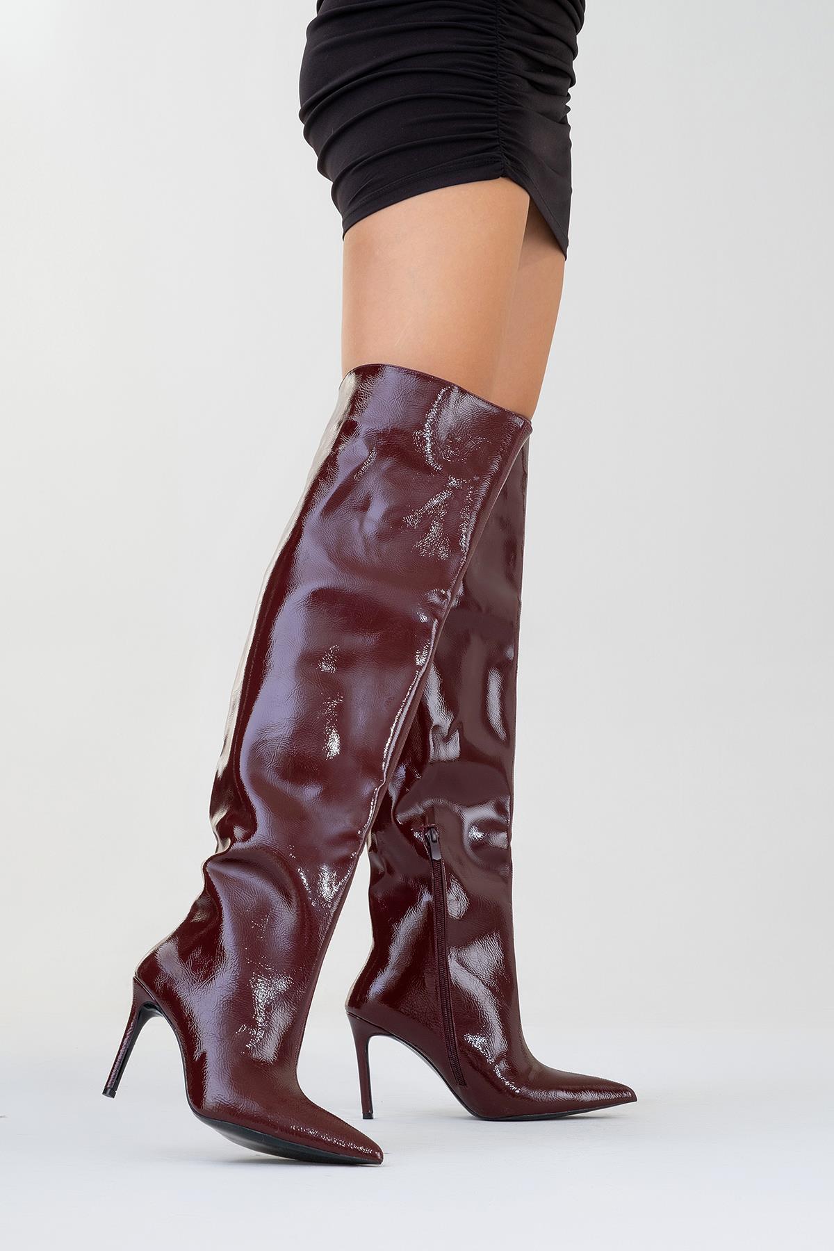 Cleja - Burgundy Patent Stiletto Heel Over-The-Knee Boot (Women)