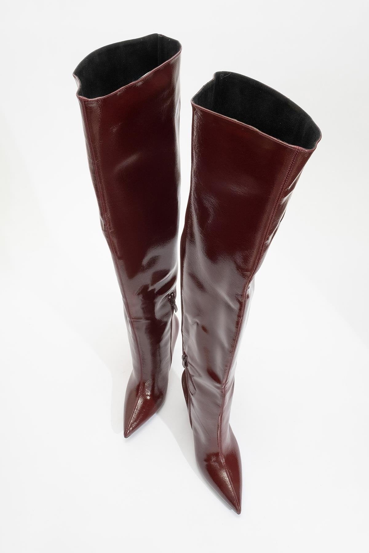 Cleja - Burgundy Patent Stiletto Heel Over-The-Knee Boot (Women)