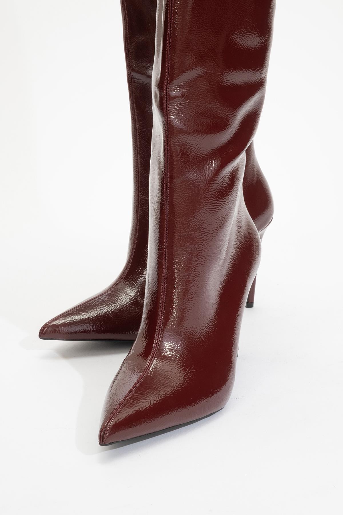 Cleja - Burgundy Patent Stiletto Heel Over-The-Knee Boot (Women)