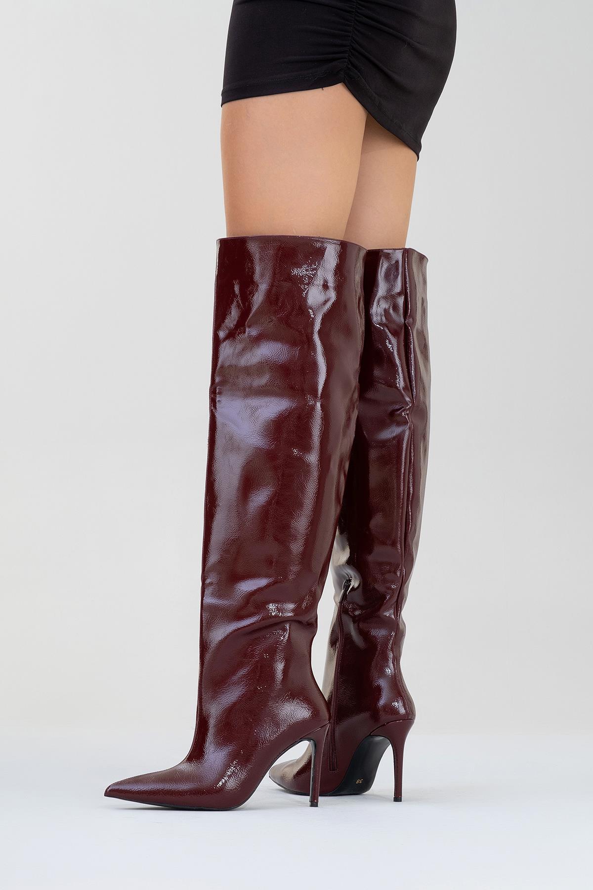 Cleja - Burgundy Patent Stiletto Heel Over-The-Knee Boot (Women)