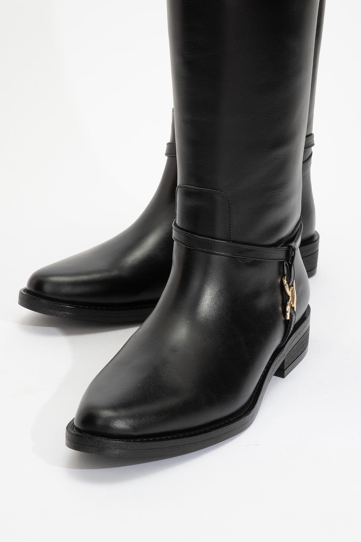 May Black Leather Buckle Boot (Women)
