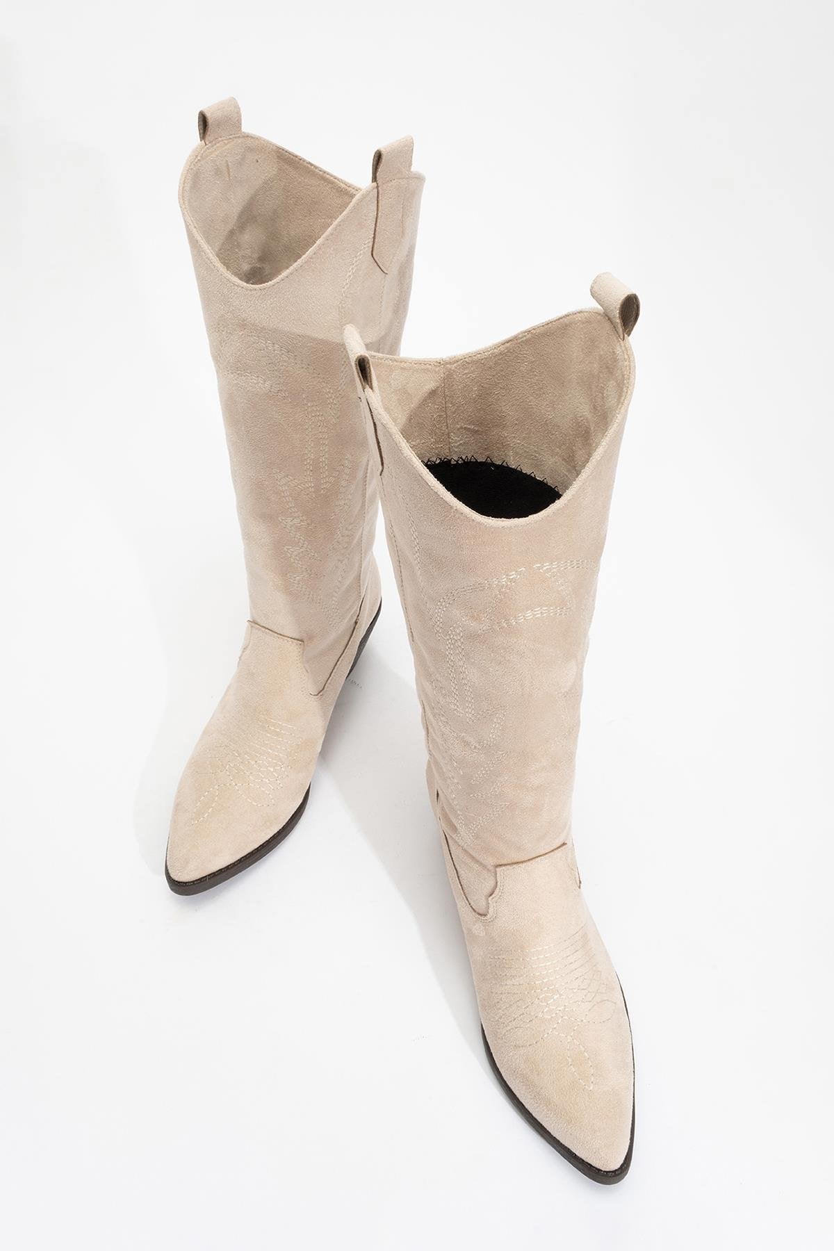 Liana - Beige Suede Chunky Heel Western Boot (Women)