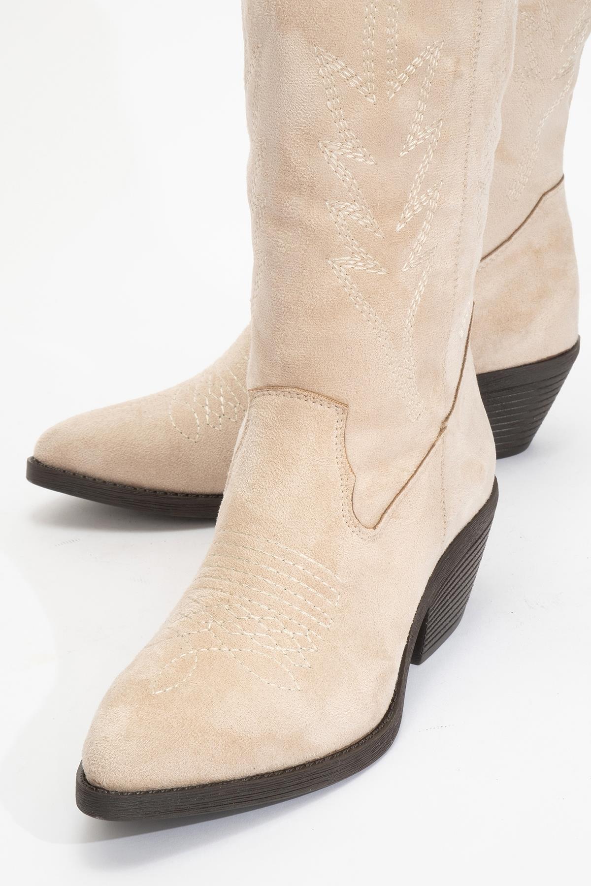 Liana - Beige Suede Chunky Heel Western Boot (Women)