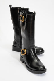 Grand - Black Gold Buckle Mid-Calf Boot (Women)