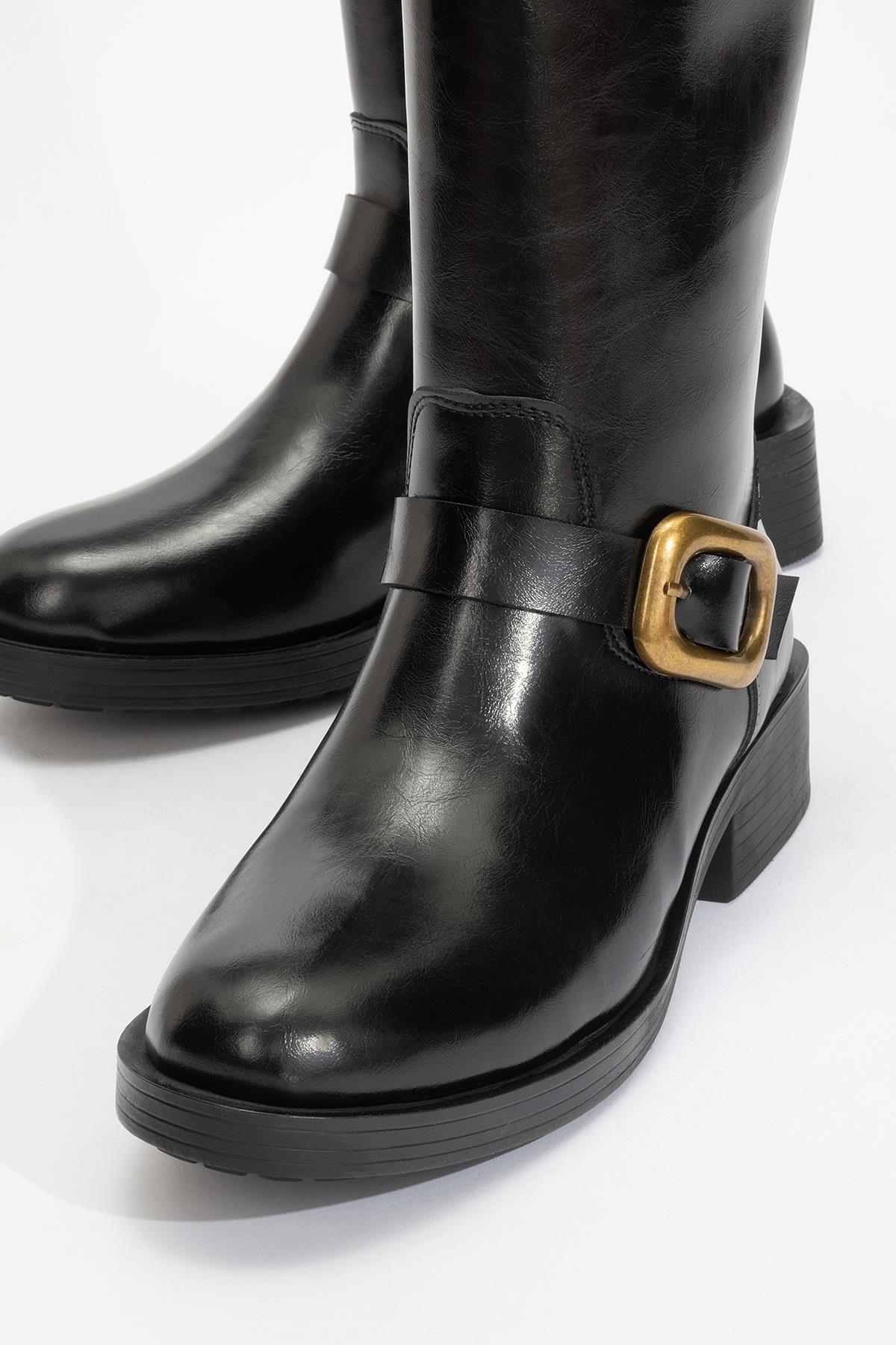 Grand - Black Gold Buckle Mid-Calf Boot (Women)