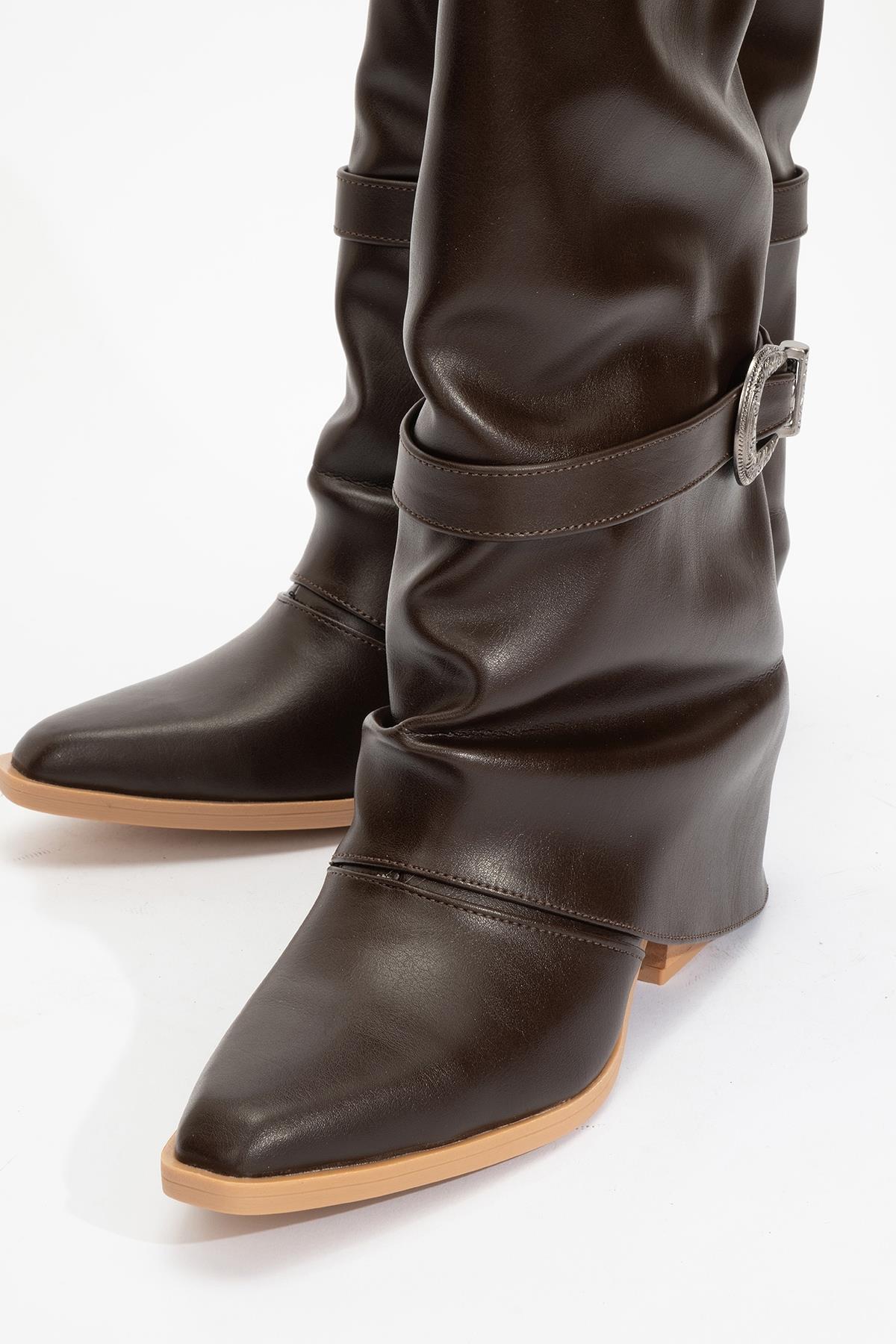 Okus - Brown Buckled Block Heel Ankle Boot (Women)