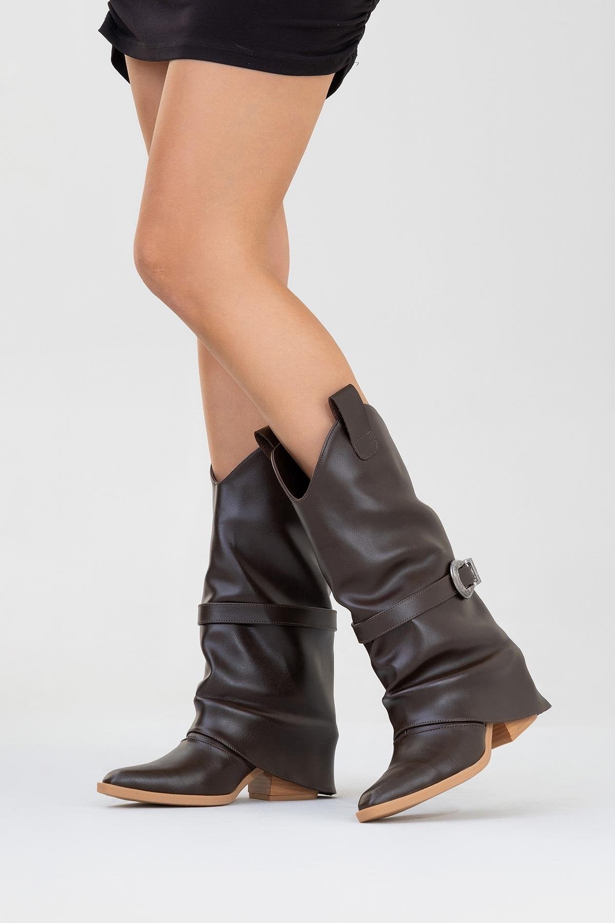 Okus - Brown Buckled Block Heel Ankle Boot (Women)