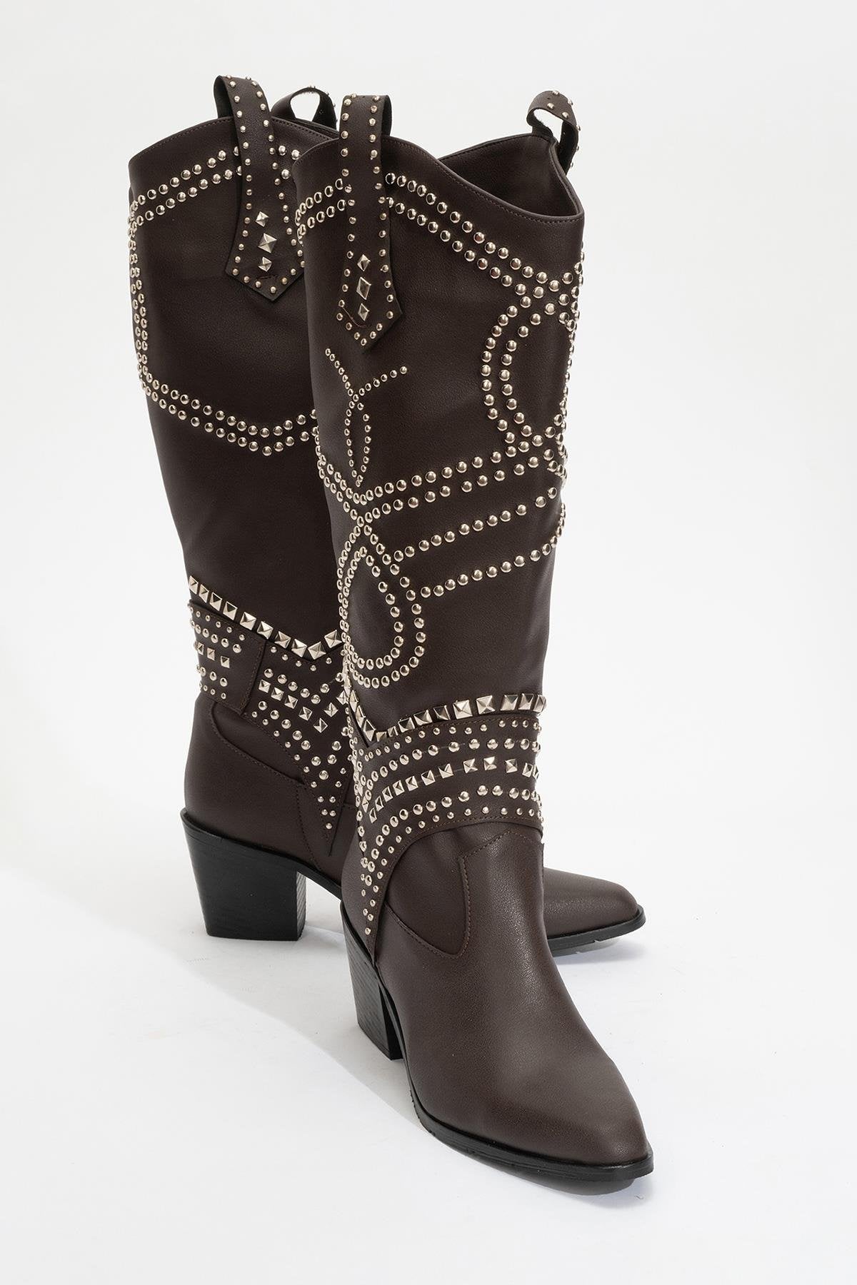 Draga - Brown Studded Block Heel Knee-High Boot (Women)