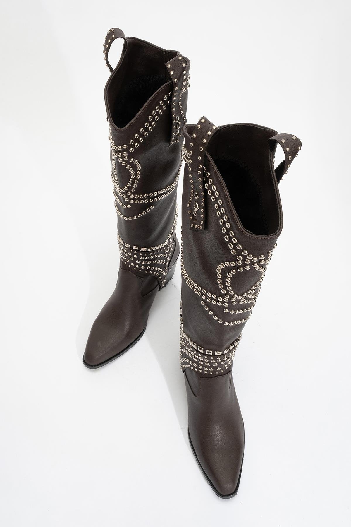Draga - Brown Studded Block Heel Knee-High Boot (Women)