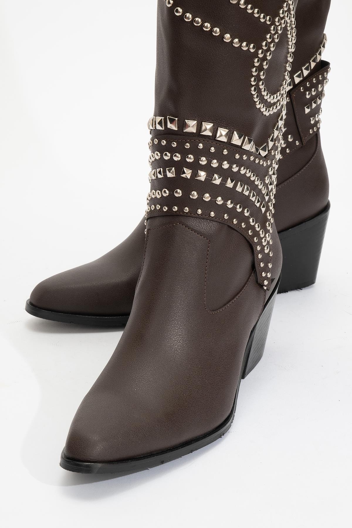 Draga - Brown Studded Block Heel Knee-High Boot (Women)