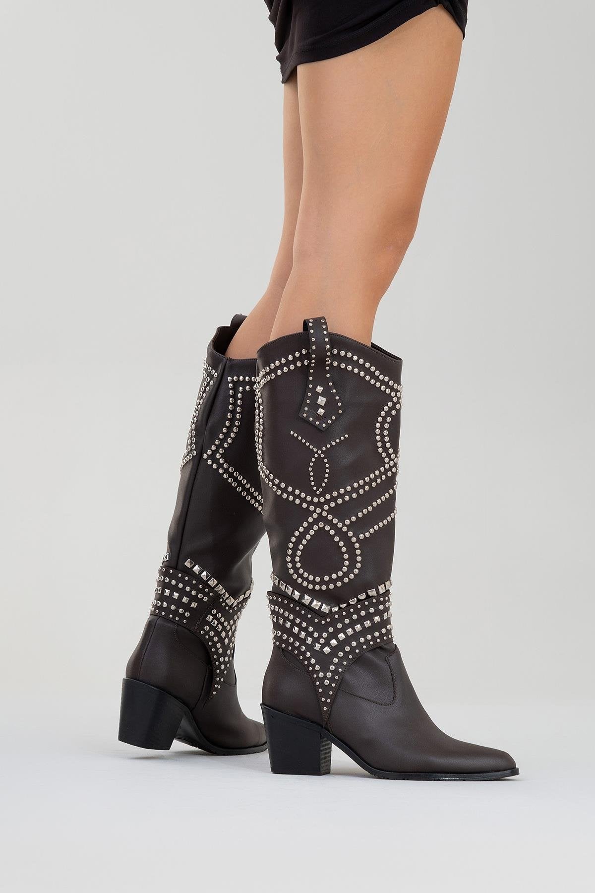 Draga - Brown Studded Block Heel Knee-High Boot (Women)