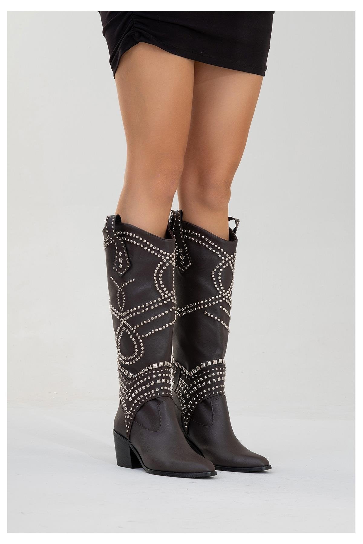 Draga - Brown Studded Block Heel Knee-High Boot (Women)