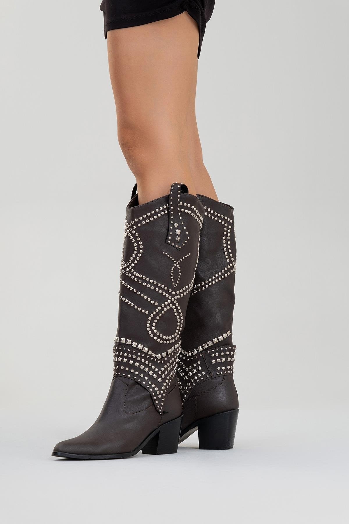 Draga - Brown Studded Block Heel Knee-High Boot (Women)