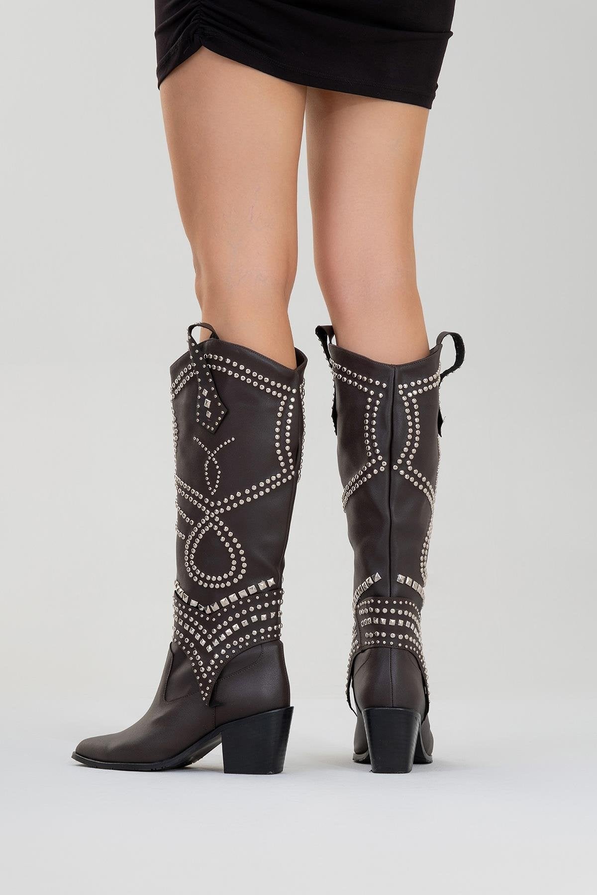 Draga - Brown Studded Block Heel Knee-High Boot (Women)