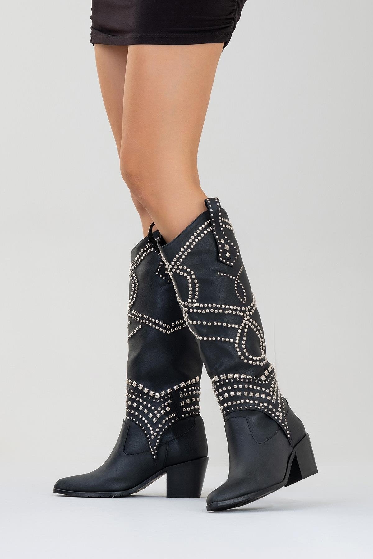 Draga - Black Studded Block Heel Knee-High Boot (Women)