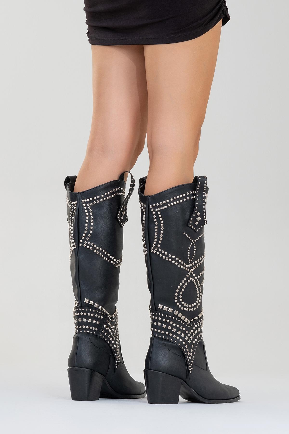 Draga - Black Studded Block Heel Knee-High Boot (Women)