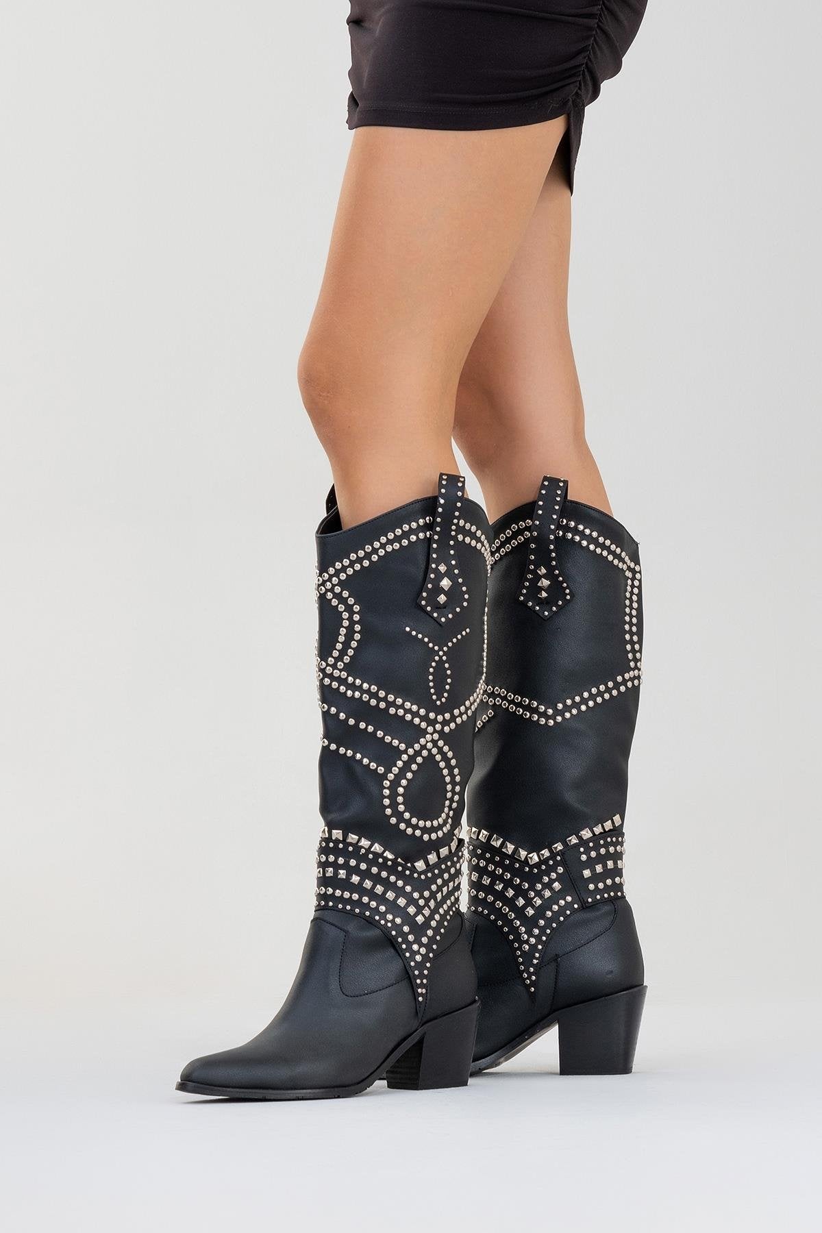 Draga - Black Studded Block Heel Knee-High Boot (Women)