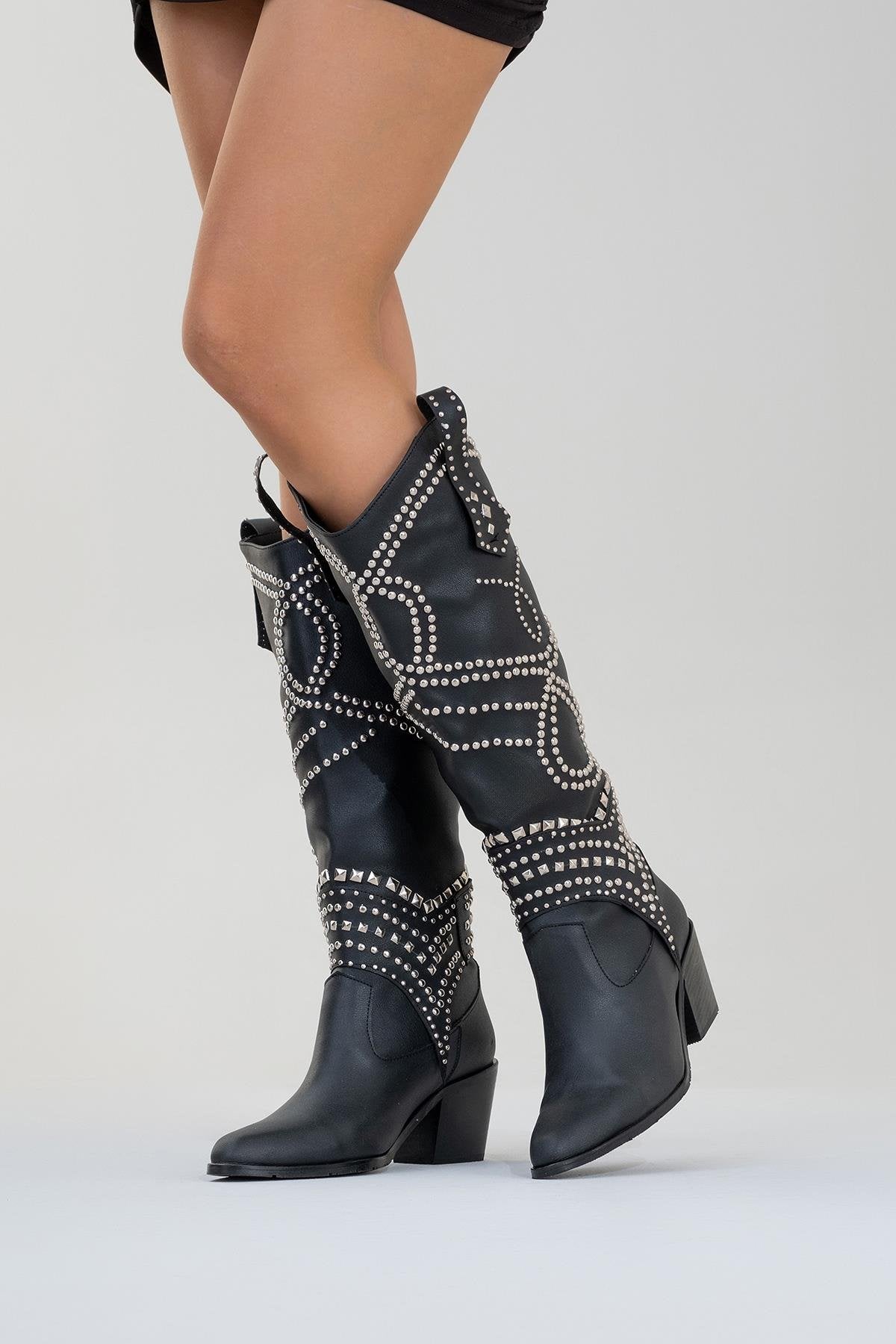 Draga - Black Studded Block Heel Knee-High Boot (Women)