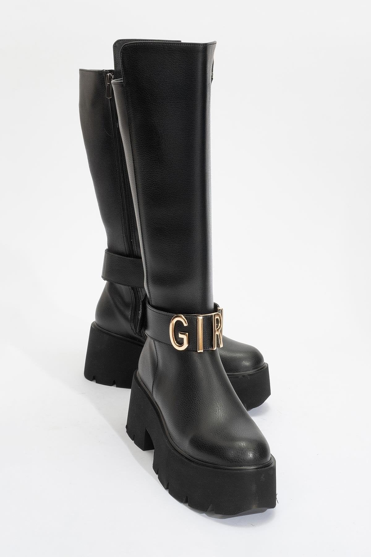 Doras - Black Platform Heel Knee-High Boot (Women)