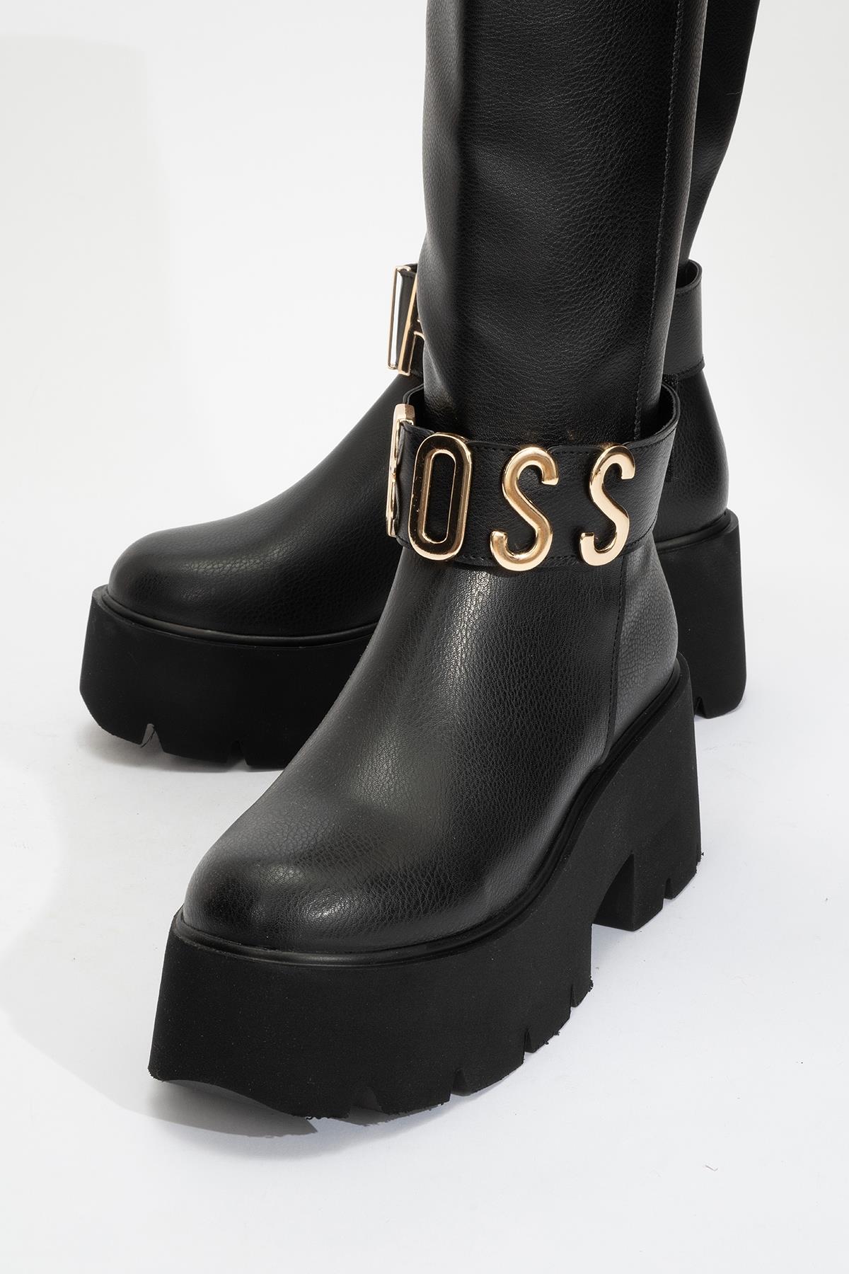 Doras - Black Platform Heel Knee-High Boot (Women)