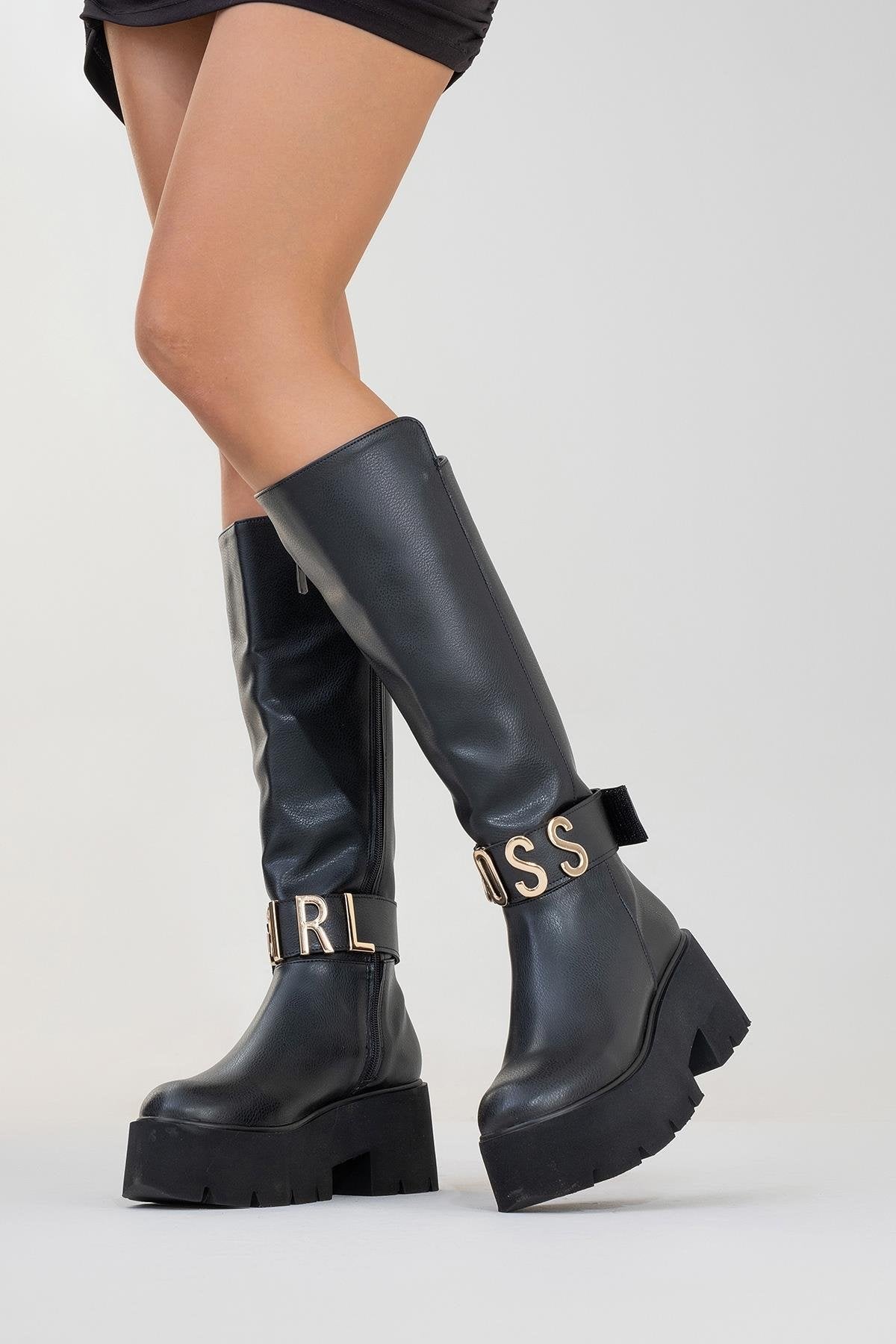 Doras - Black Platform Heel Knee-High Boot (Women)
