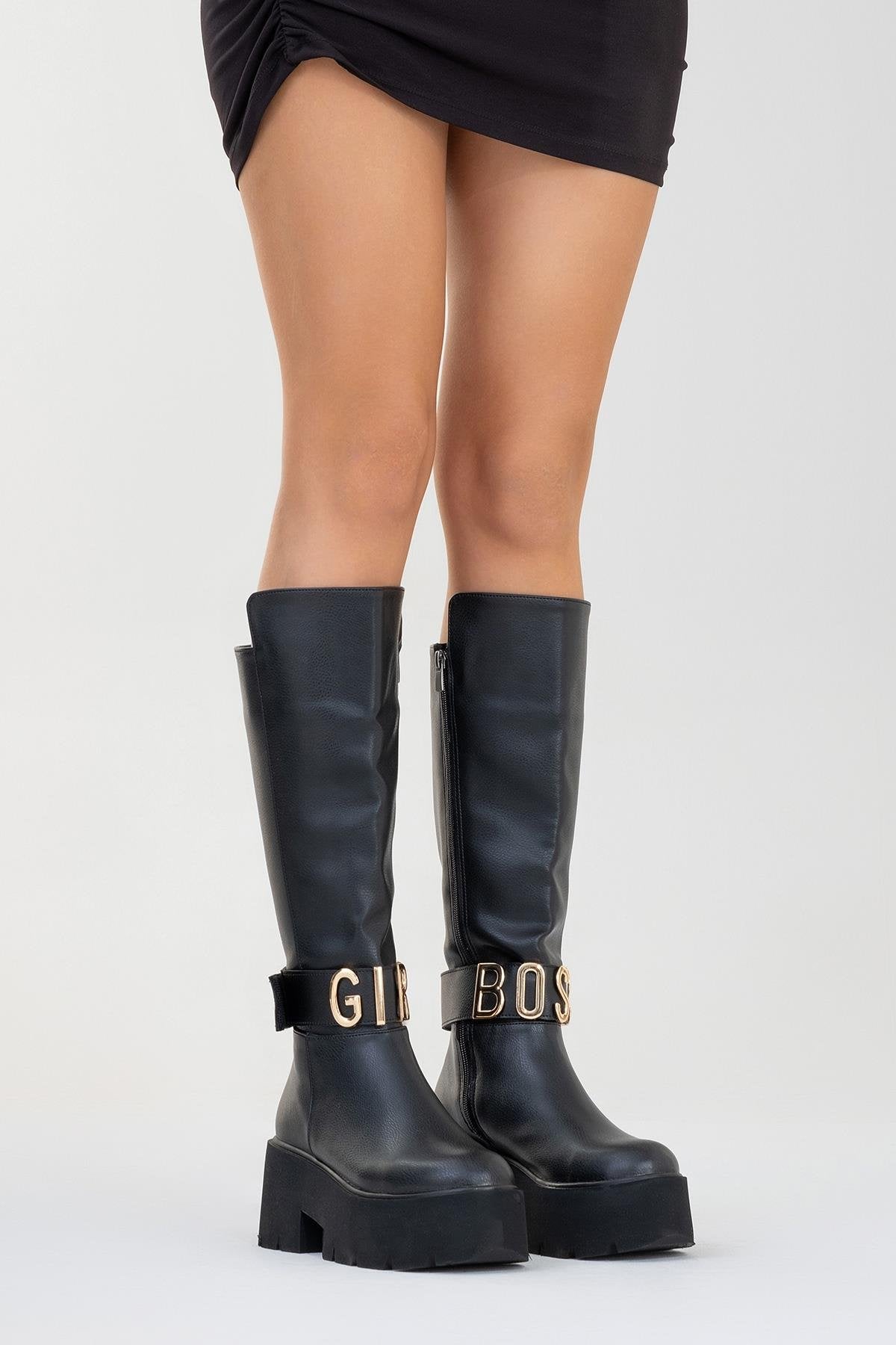 Doras - Black Platform Heel Knee-High Boot (Women)