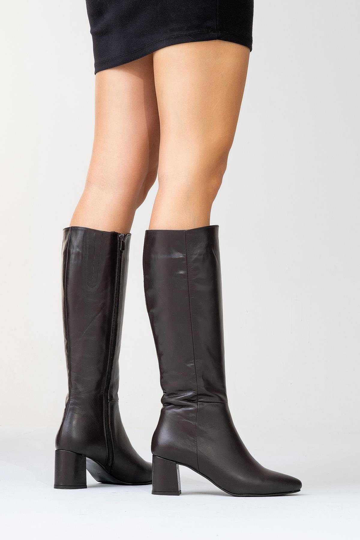 Sejas - Cognac Genuine Leather Block Heel Knee-High Boot (Women)