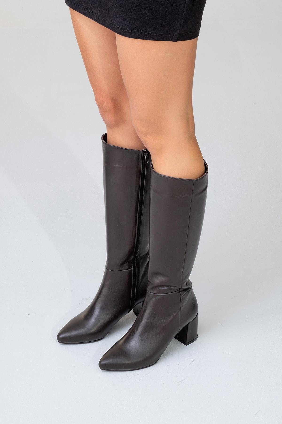 Sejas - Cognac Genuine Leather Block Heel Knee-High Boot (Women)