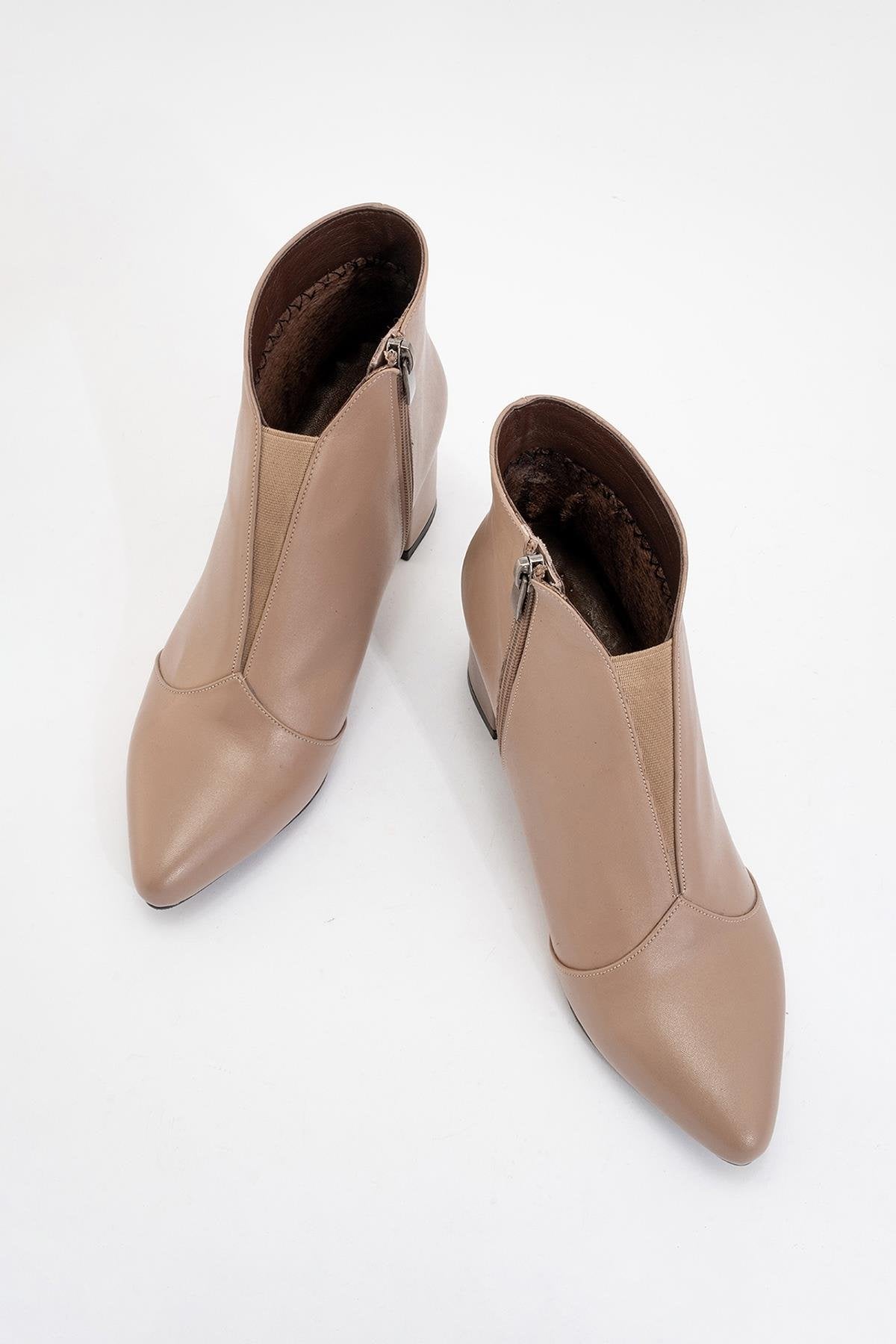 Finda Dark Beige Leather Block‑Heel Boot (Women)