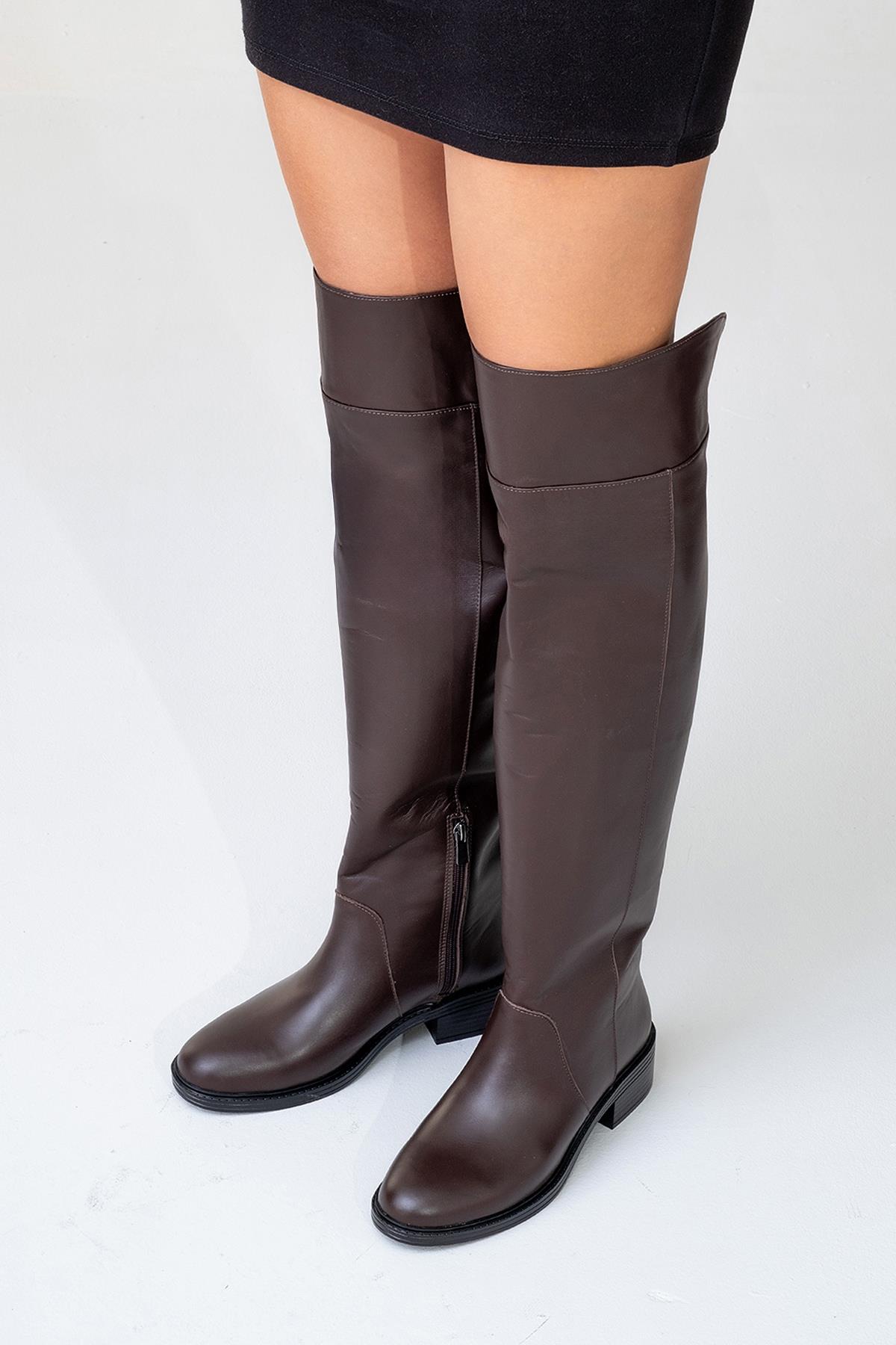 Petya - Brown Genuine Leather Over-The-Knee Boot (Women)
