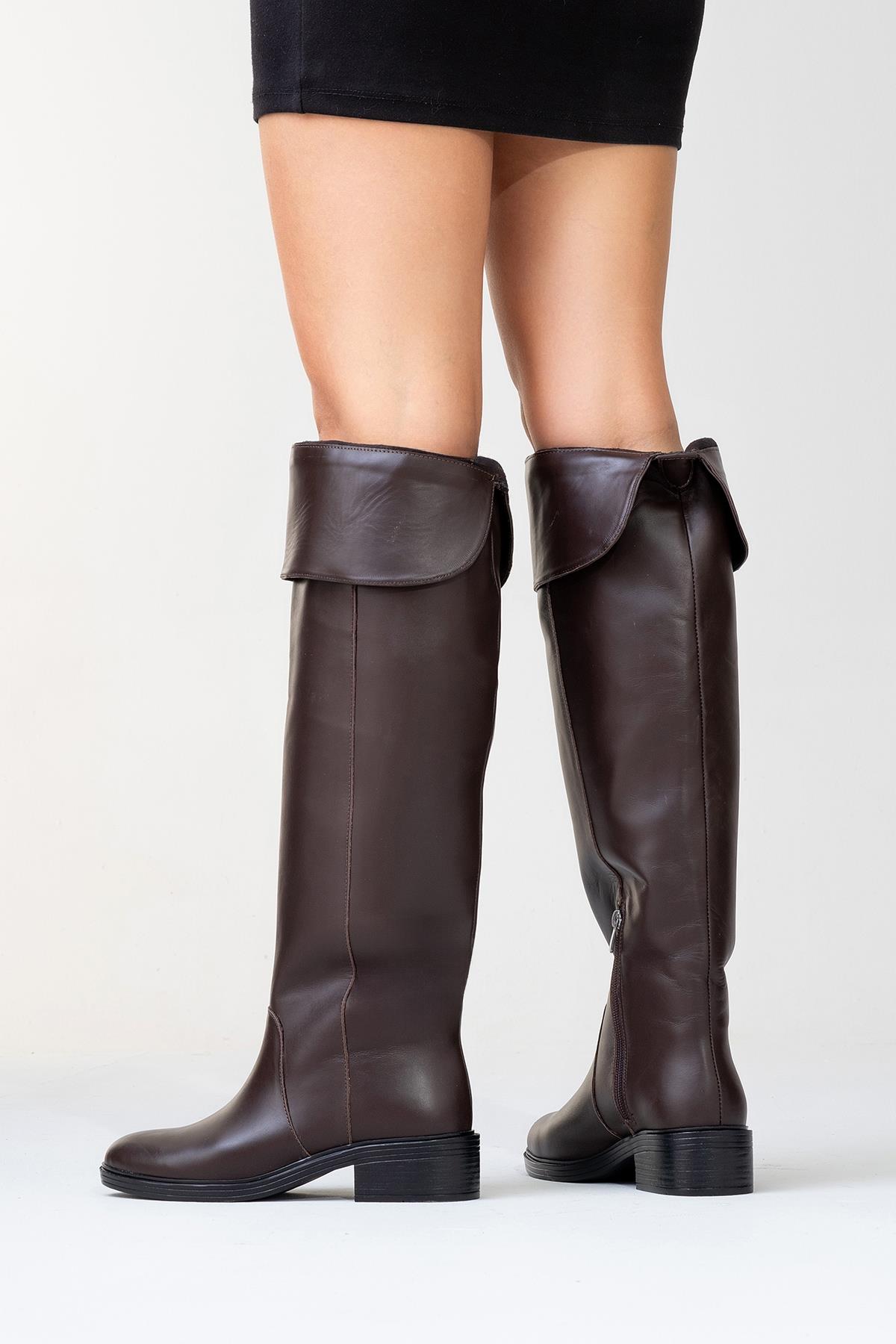 Petya - Brown Genuine Leather Over-The-Knee Boot (Women)