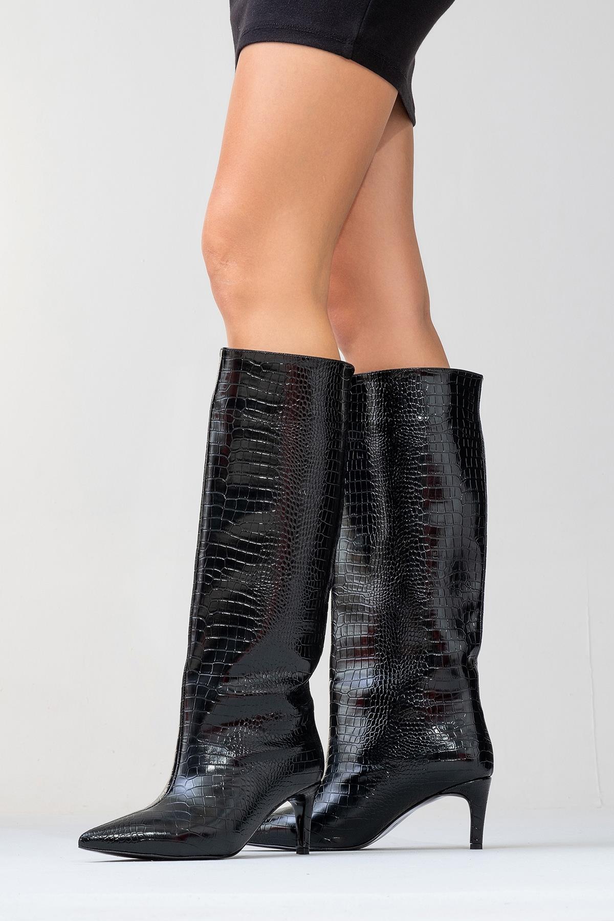 Camila - Black Printed Knee-High Boot (Women)