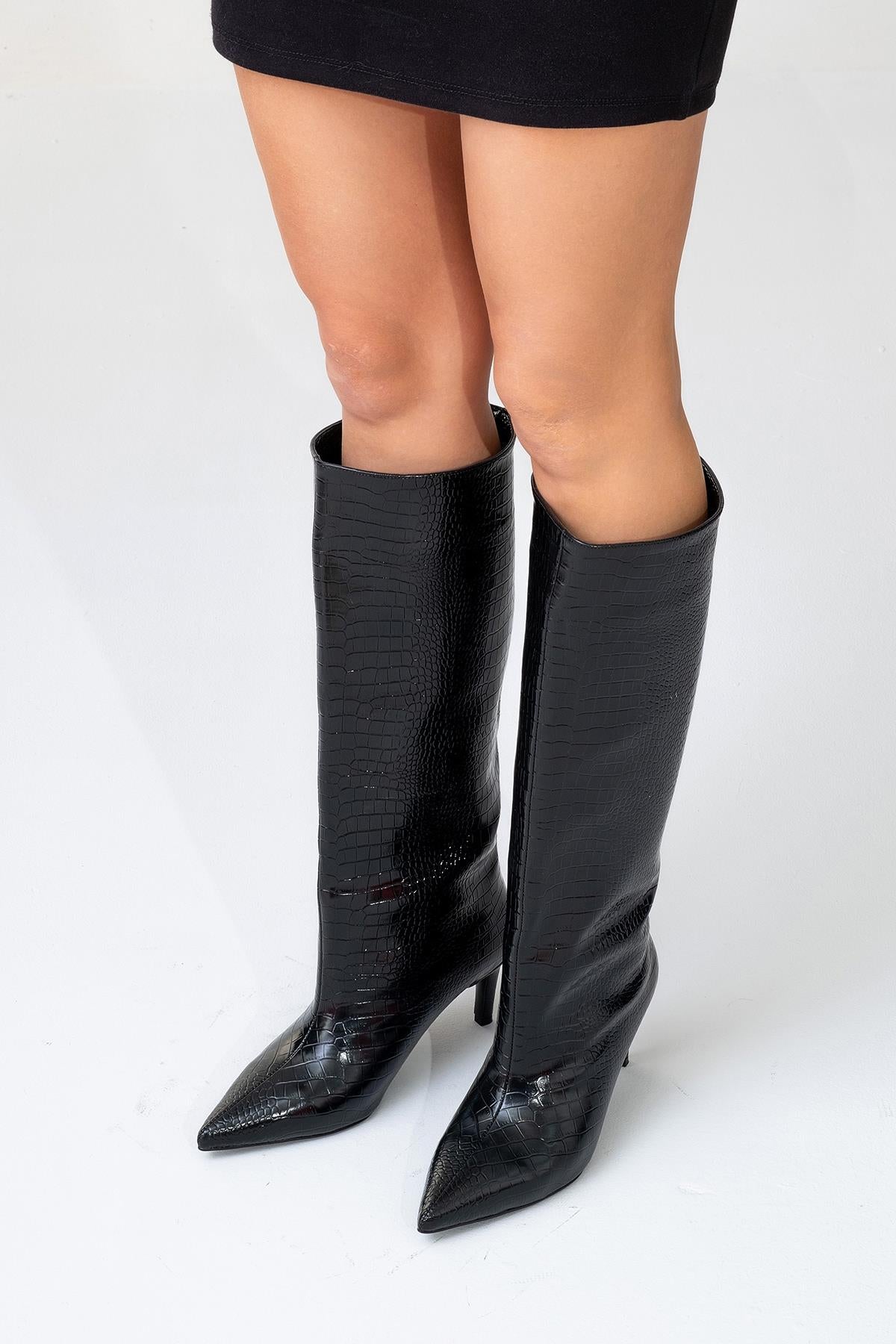 Camila - Black Printed Knee-High Boot (Women)