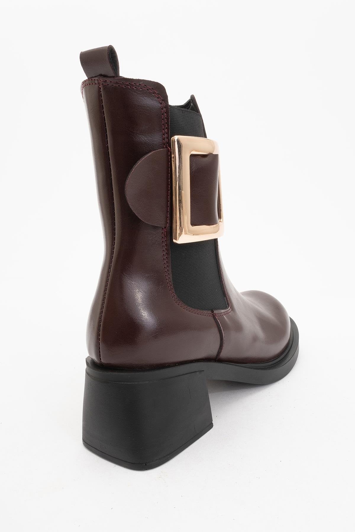 Moriah - Burgundy Buckle Elastic Side-Zip Block Heel Boot (Women)