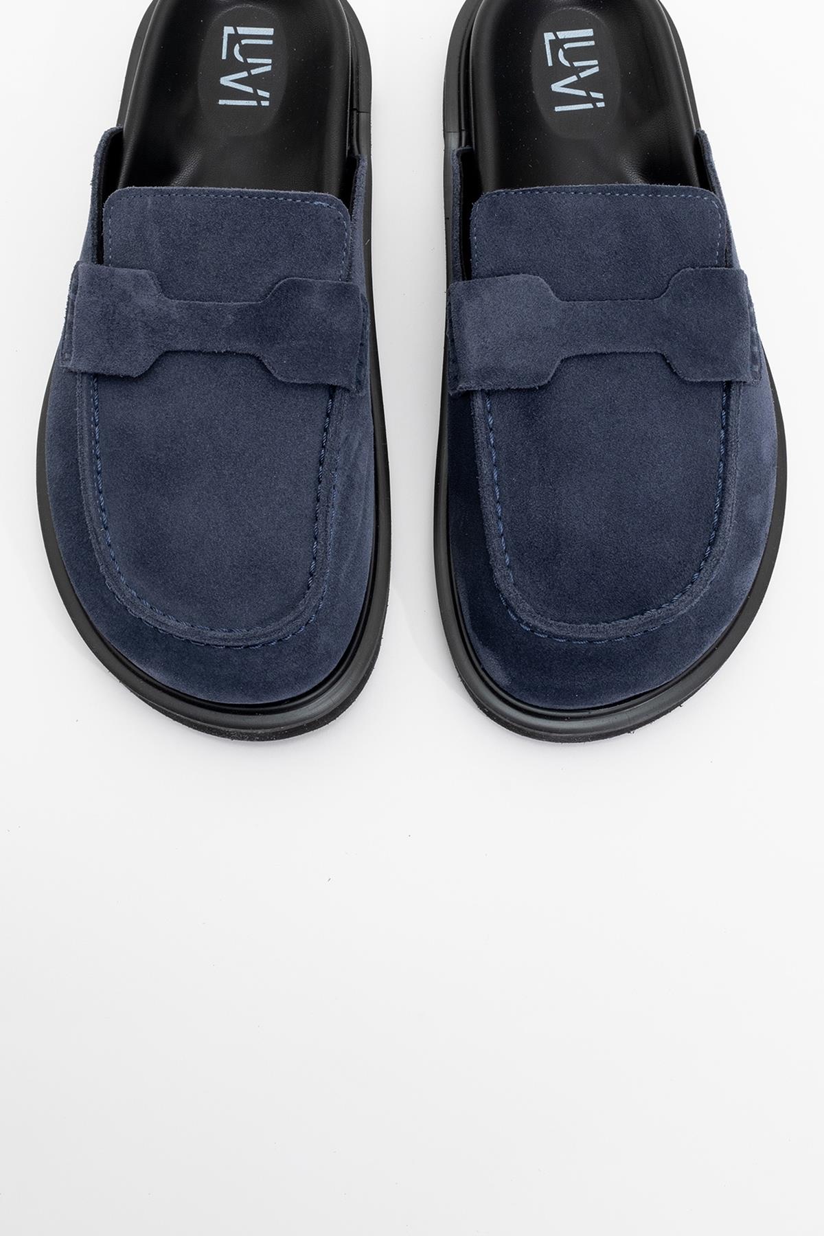 Laven - Navy Suede Leather Clogs (Women)