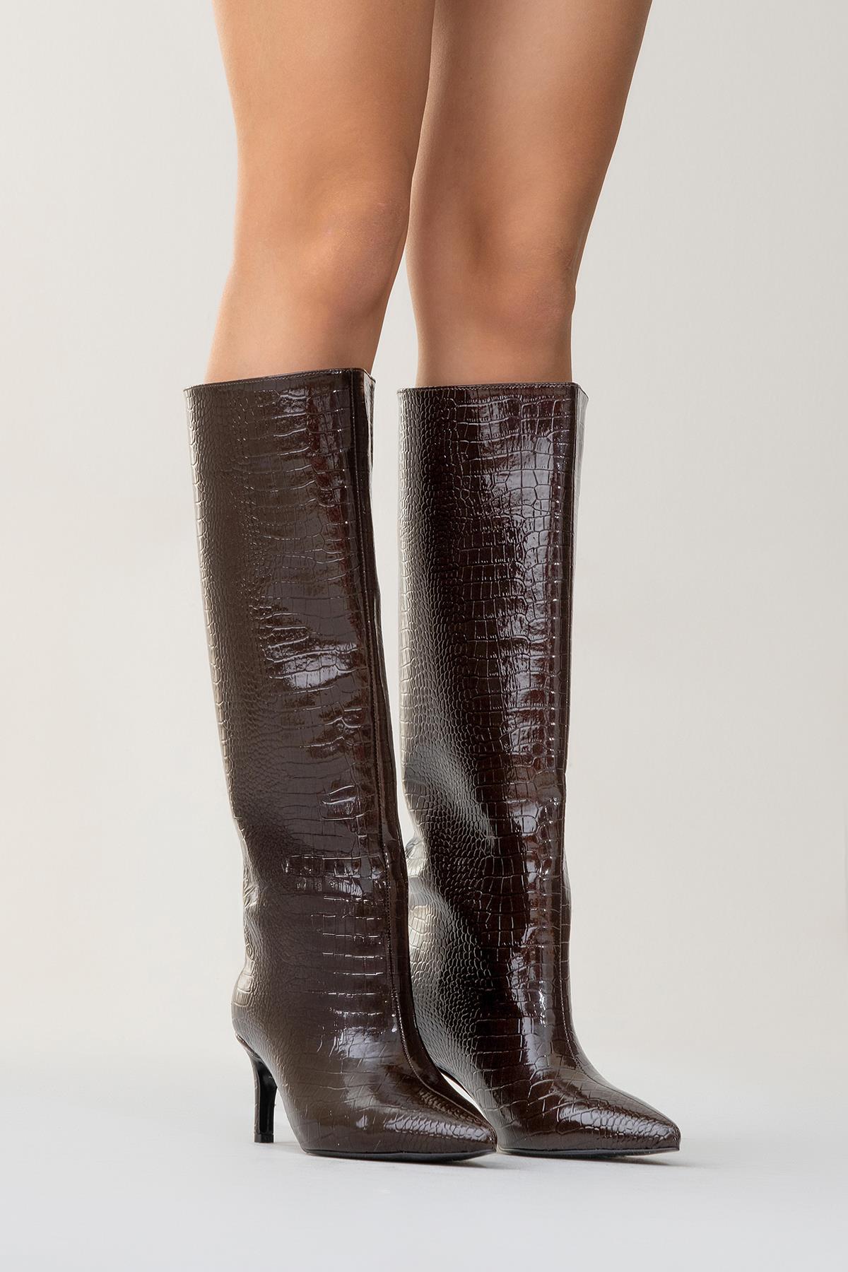 Cassandra Brown Pattern High‑Heel Boot (Women)