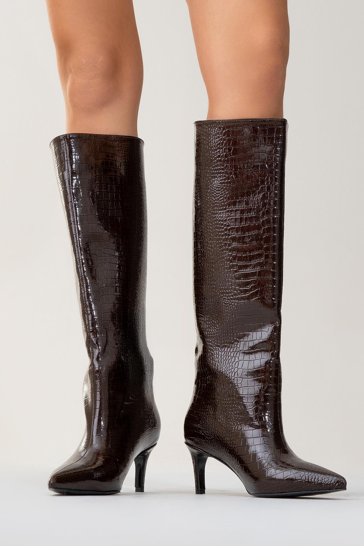 Cassandra Brown Pattern High‑Heel Boot (Women)