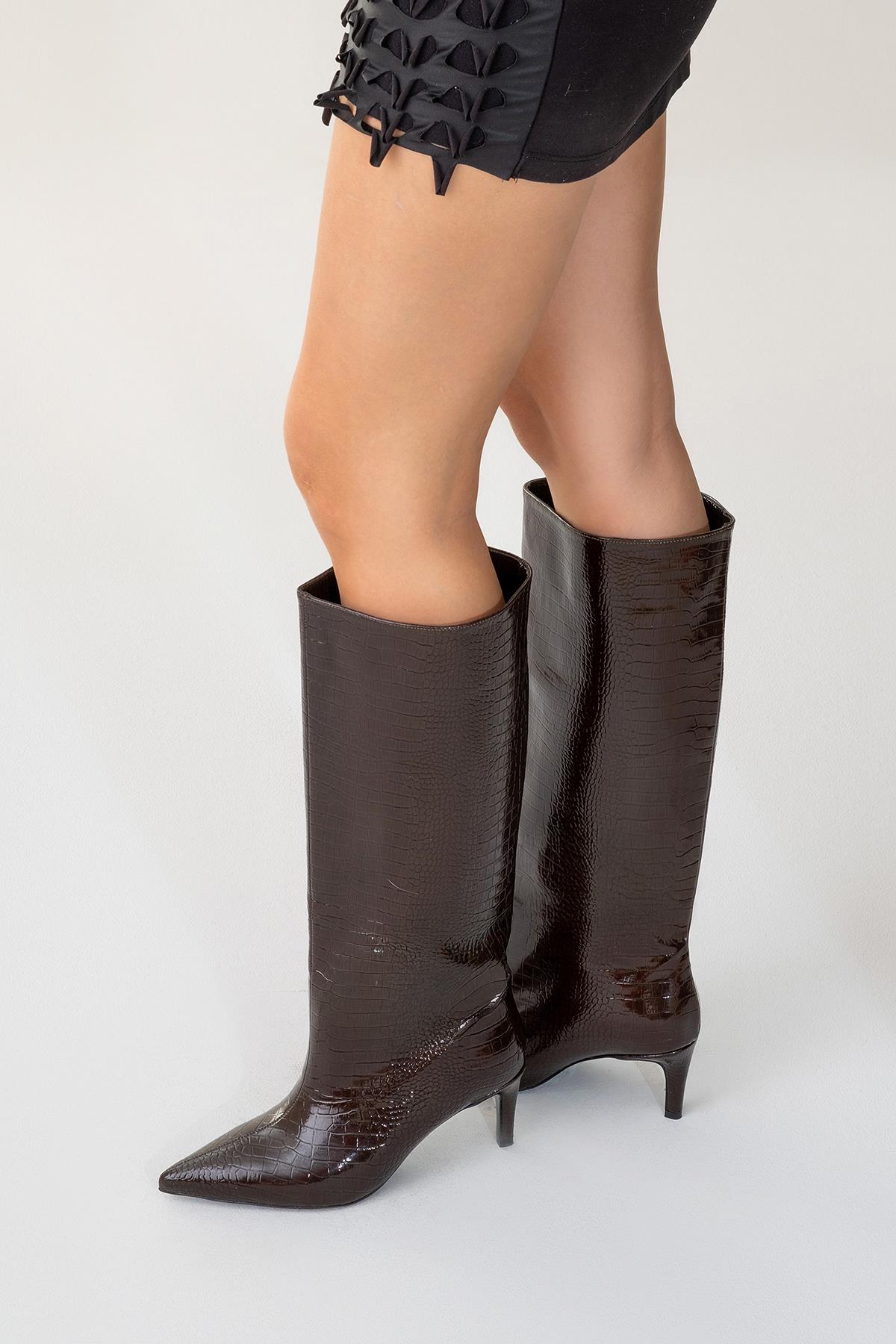 Cassandra Brown Pattern High‑Heel Boot (Women)