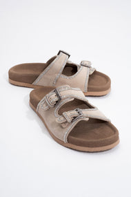 Allen - Beige Leather Rhinestone Slide Sandal (Women)