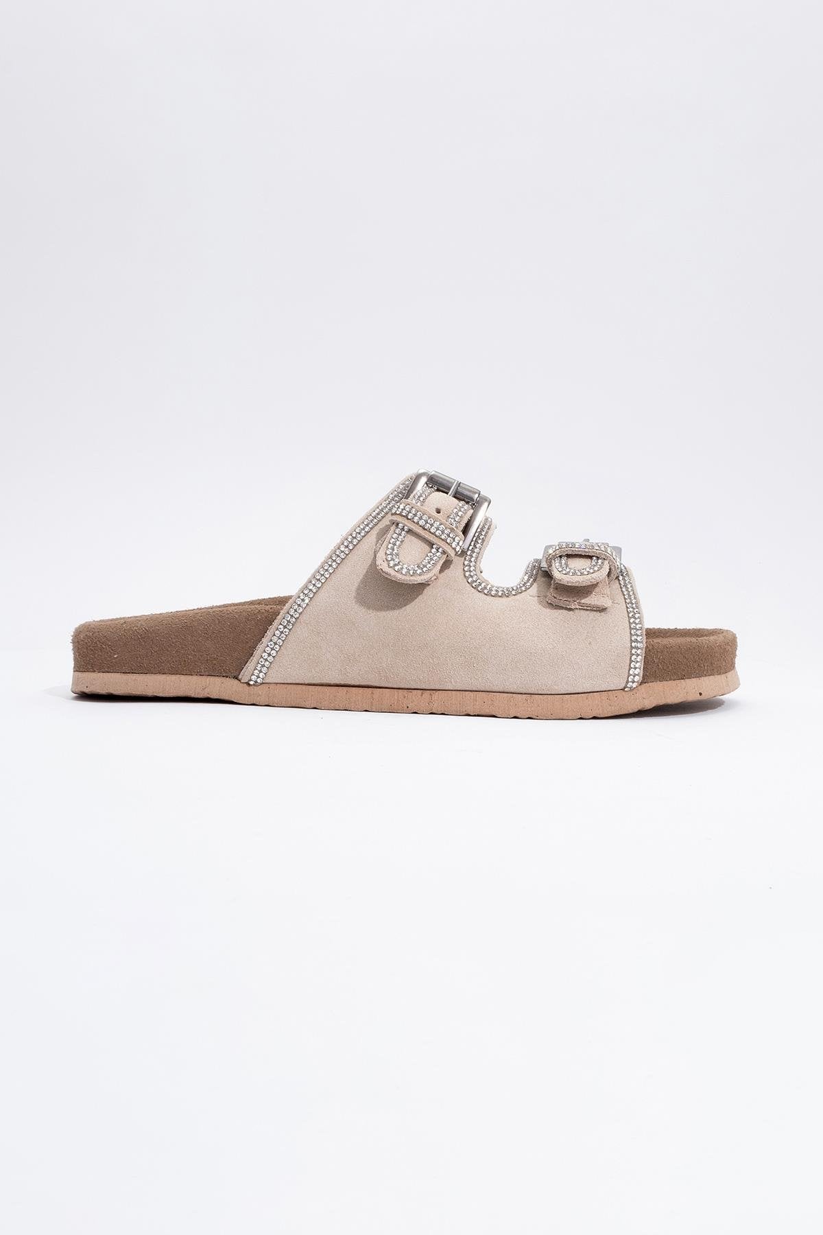Allen - Beige Leather Rhinestone Slide Sandal (Women)