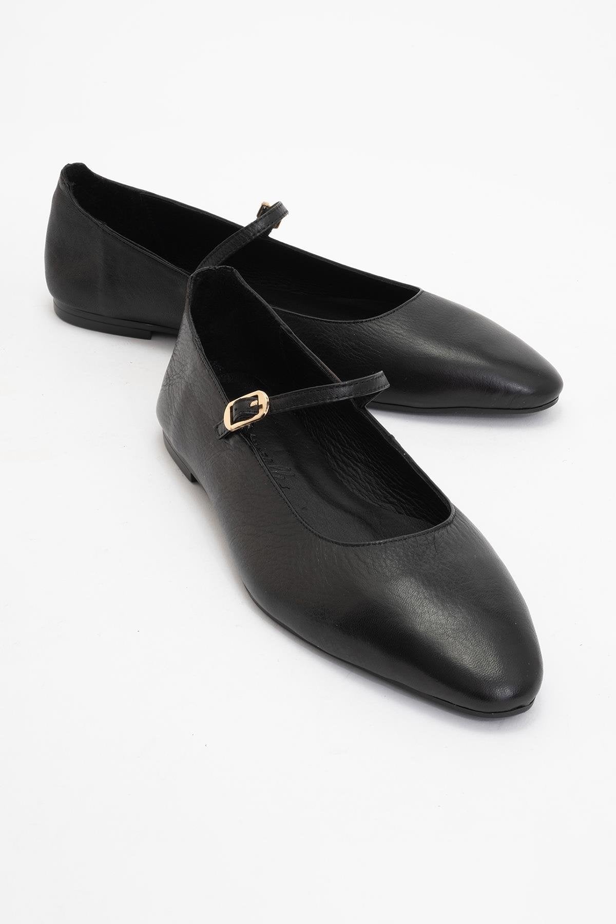 Lara - Black Leather Mary Jane Flats