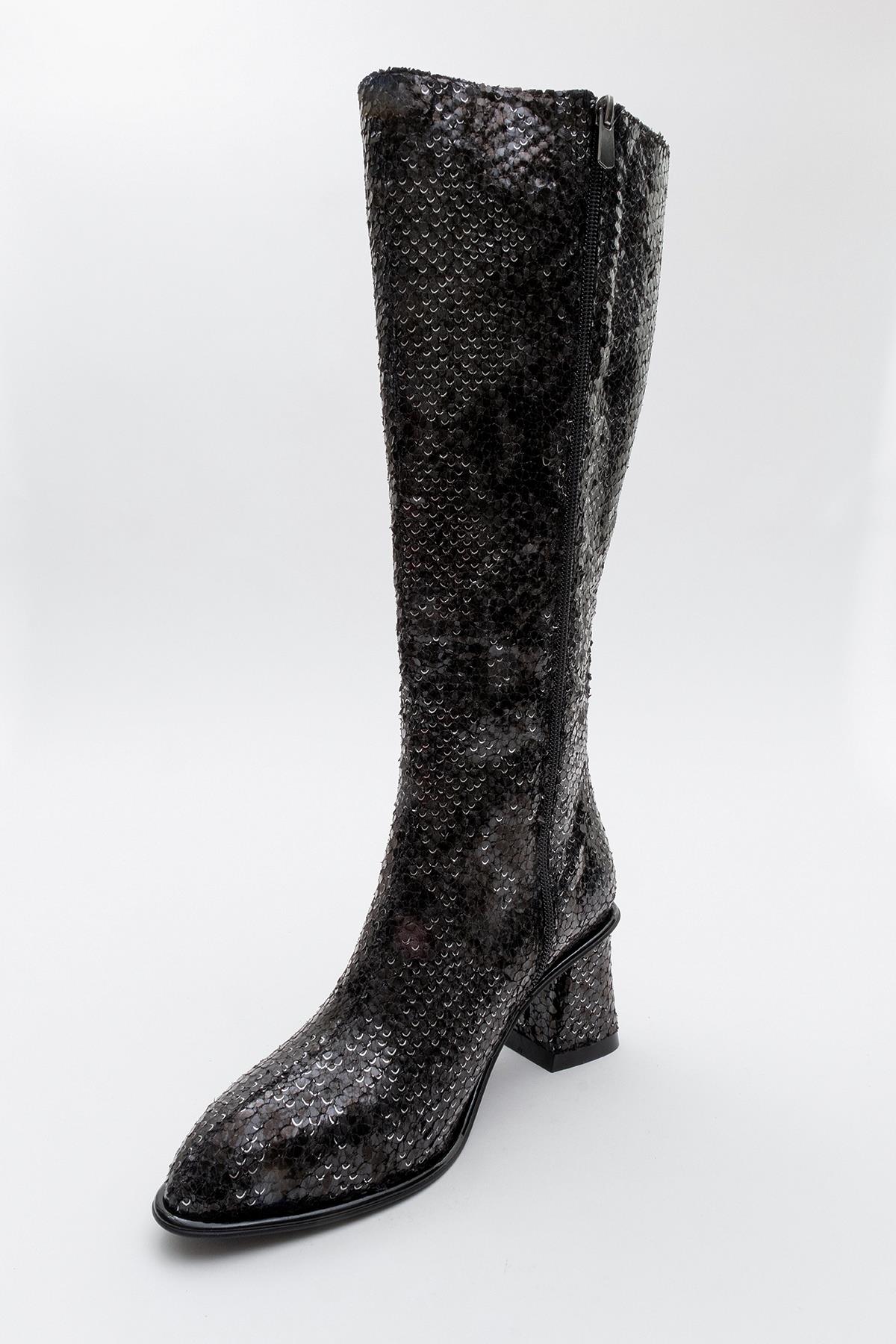 Elly Black Pattern Block Heel Boot (Women)