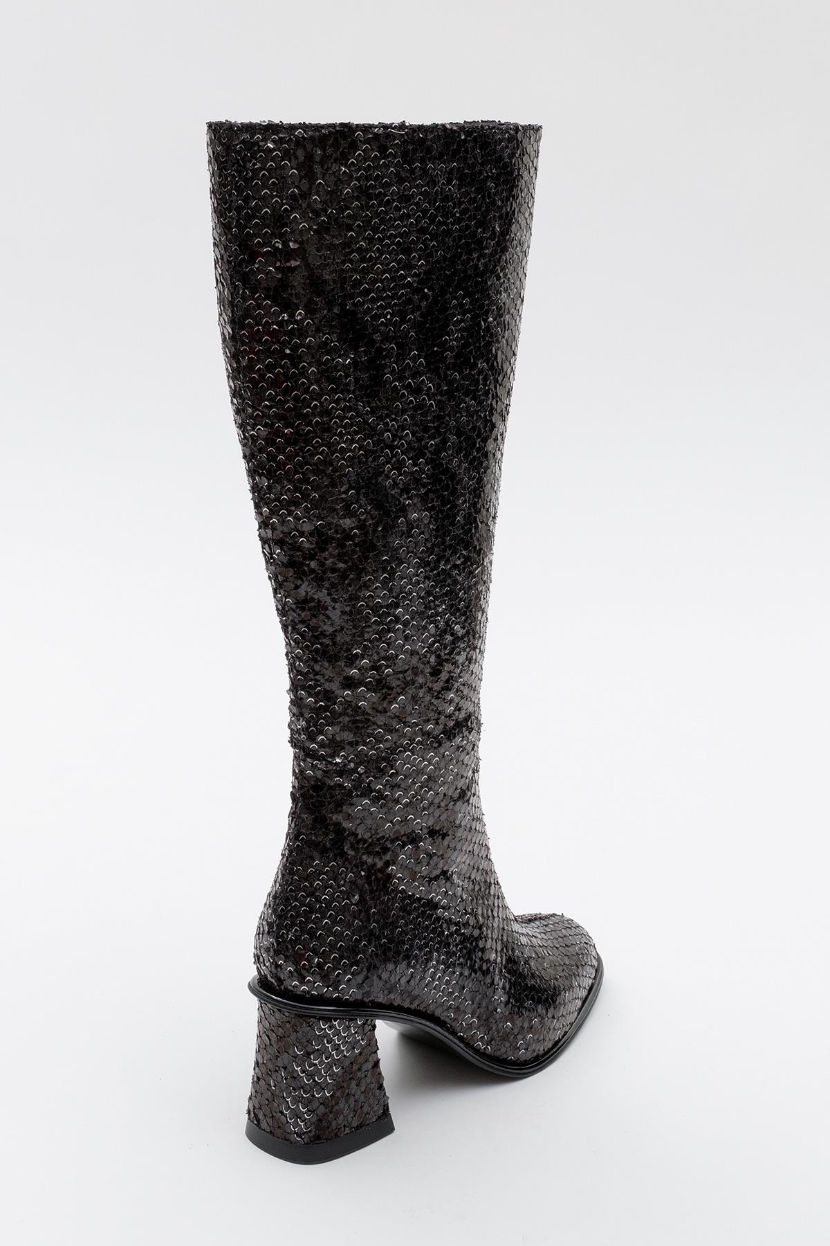 Elly Black Pattern Block Heel Boot (Women)