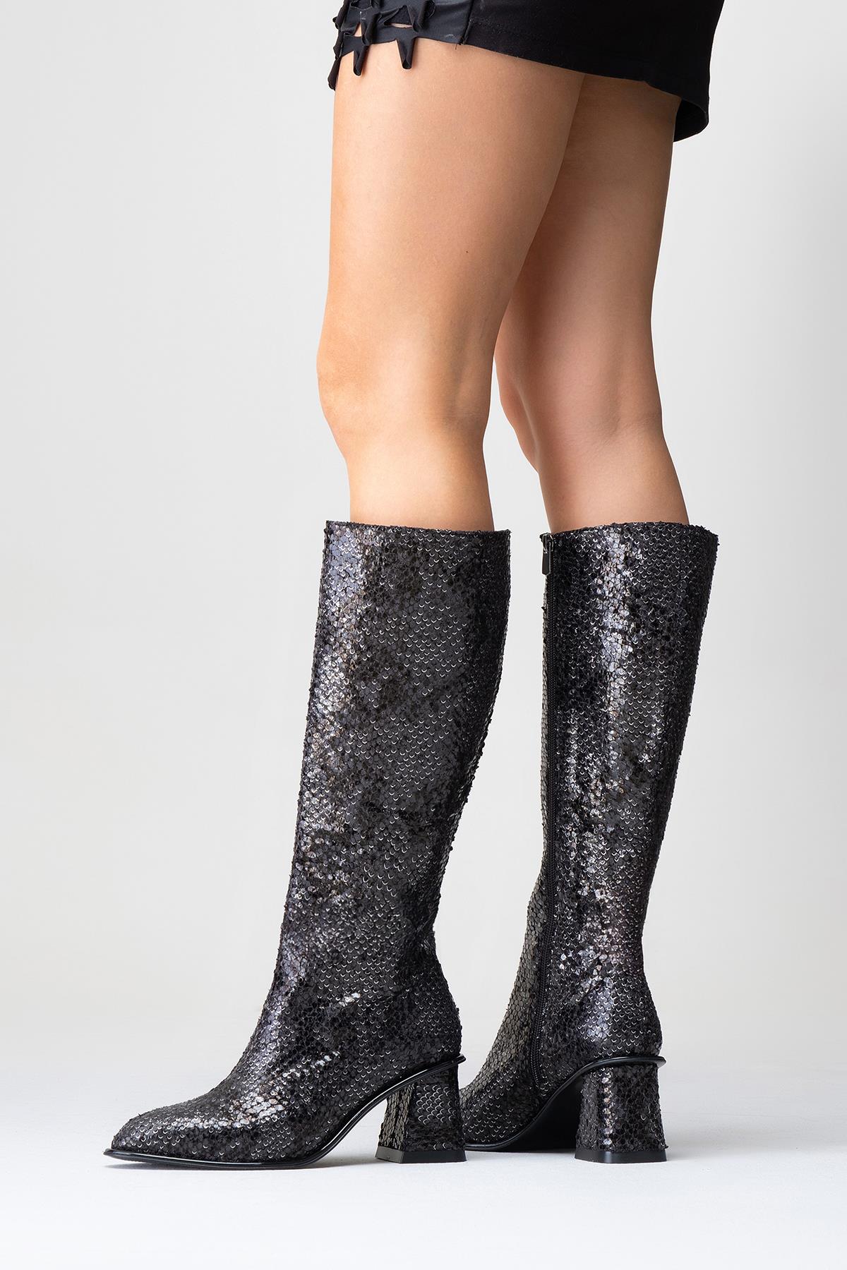 Elly Black Pattern Block Heel Boot (Women)